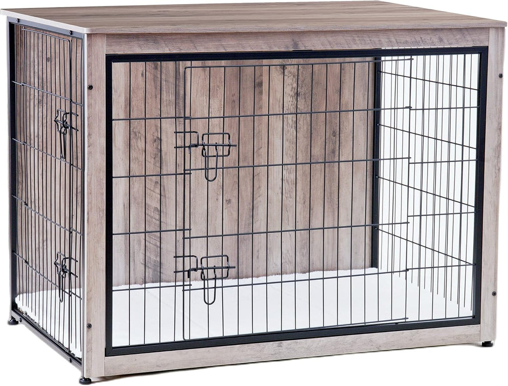 DWANTON Dog Crate Furniture with Cushion, Wooden Kennel Table with Double Doors, Indoor Dog House, Extra Large Size, 43.3' L, Greige