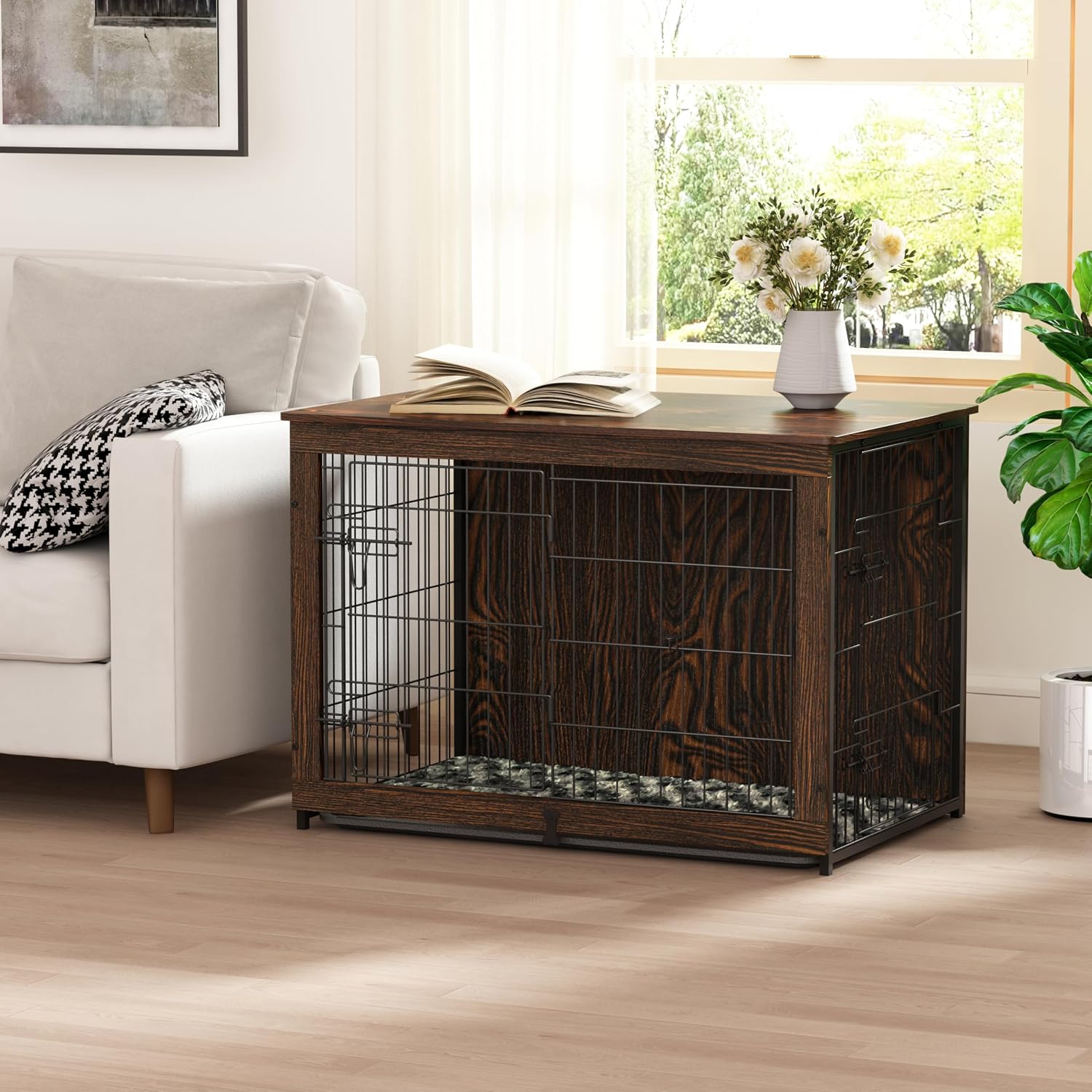 Megidok Wooden Dog Crate Furniture with Cushion, Dog Crate End Table with Tray, Double Doors Dog Crate Furniture Style, Decorative Dog Kennels Indoor (37' L*25' W*26' H, Rustic Style)