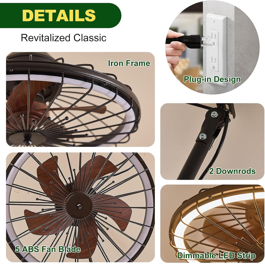 20' Outdoor Ceiling Fans with Light for Patios, IP65 Waterproof Plug in Ceiling Fan, Gazebo Hanging Fan with Remote Control App, Dimmable LED, 6-Speeds for Porch Pergola