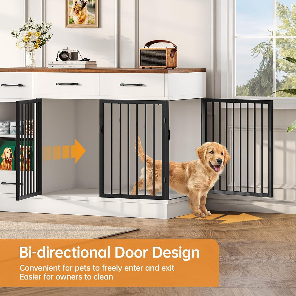 Dog Crate with Hidden Feeder Bowl & 3 Storage Drawers - 47.2' Wooden Dog Cage Indoor with Adjustable Shelf, 2 Doors Dog Kennel Furniture for Medium & Small Dogs, Multi-Functional Pet End Table