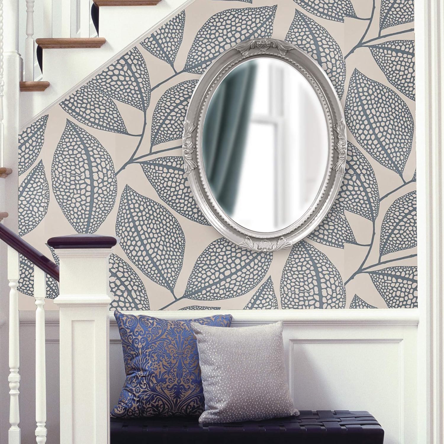Howard Elliott Collection Queen Ann Oval Glossy Nickel Wall Mirror, Oval Bevelled Hanging Wood Framed Vanity Mirrors for Home Decor, Living Room, Bathroom, Bedroom, or Hallway, 25 x 33 Inch