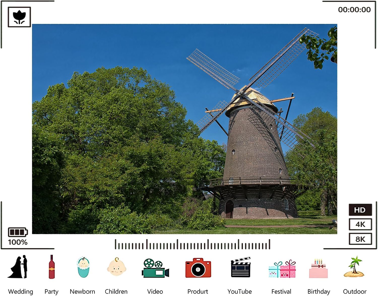 Trykid 20x10ft Brick Dutch Windmill Backdrop Lush Green Trees Clear Blue Sky Rustic Rural Architecture Photography Background Countryside Tapestry Party Decoration Photo Studio Prop Fabric