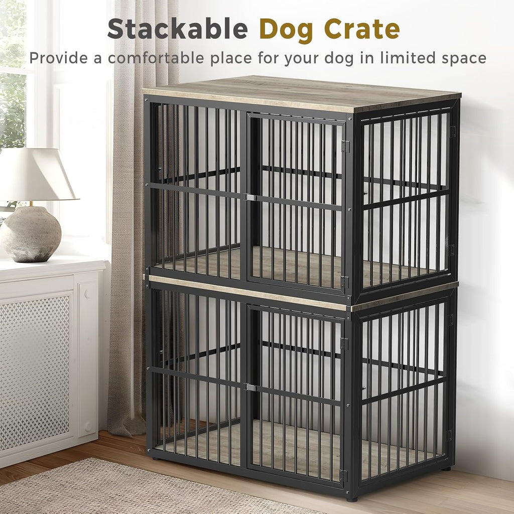 Lyromix 43'' Stackable Dog Crate Furniture Large Breed with Double Rooms,Wooden Dog Crate Heavy Duty Dog Kennel Indoor with Removable Divider for Small to Medium Dogs, Can Use Separately