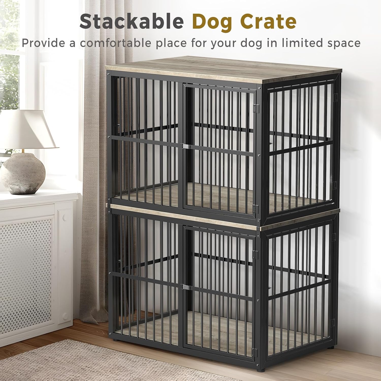 Lyromix 43'' Stackable Dog Crate Furniture Large Breed with Double Rooms,Wooden Dog Crate Heavy Duty Dog Kennel Indoor with Removable Divider for Small to Medium Dogs, Can Use Separately