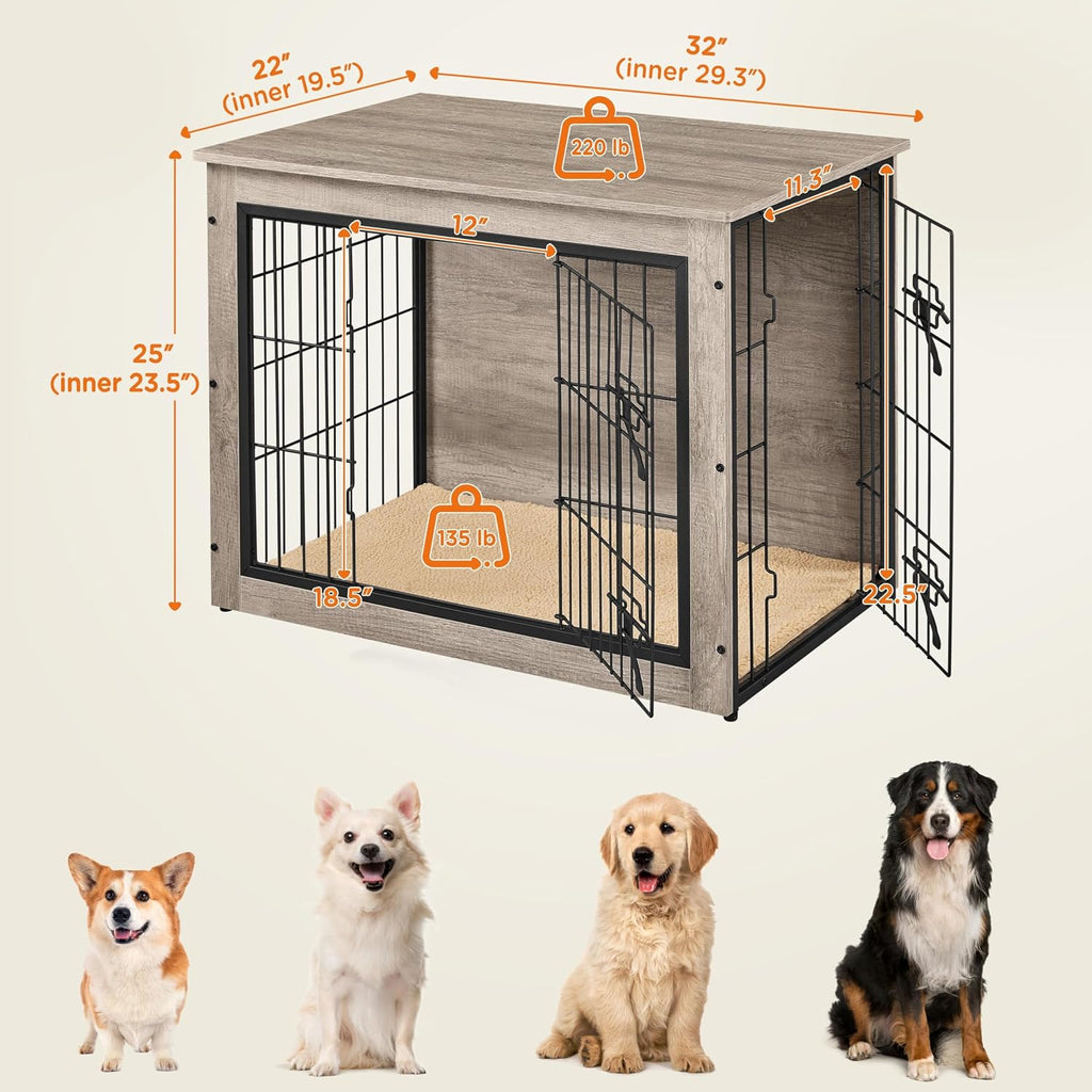 Yaheetech 32 Inch Dog Crate Furniture with Cushion, Wooden Dog Kennel with Double Door Side End Table with Adjustable Feet for Small Medium Dogs, Greige