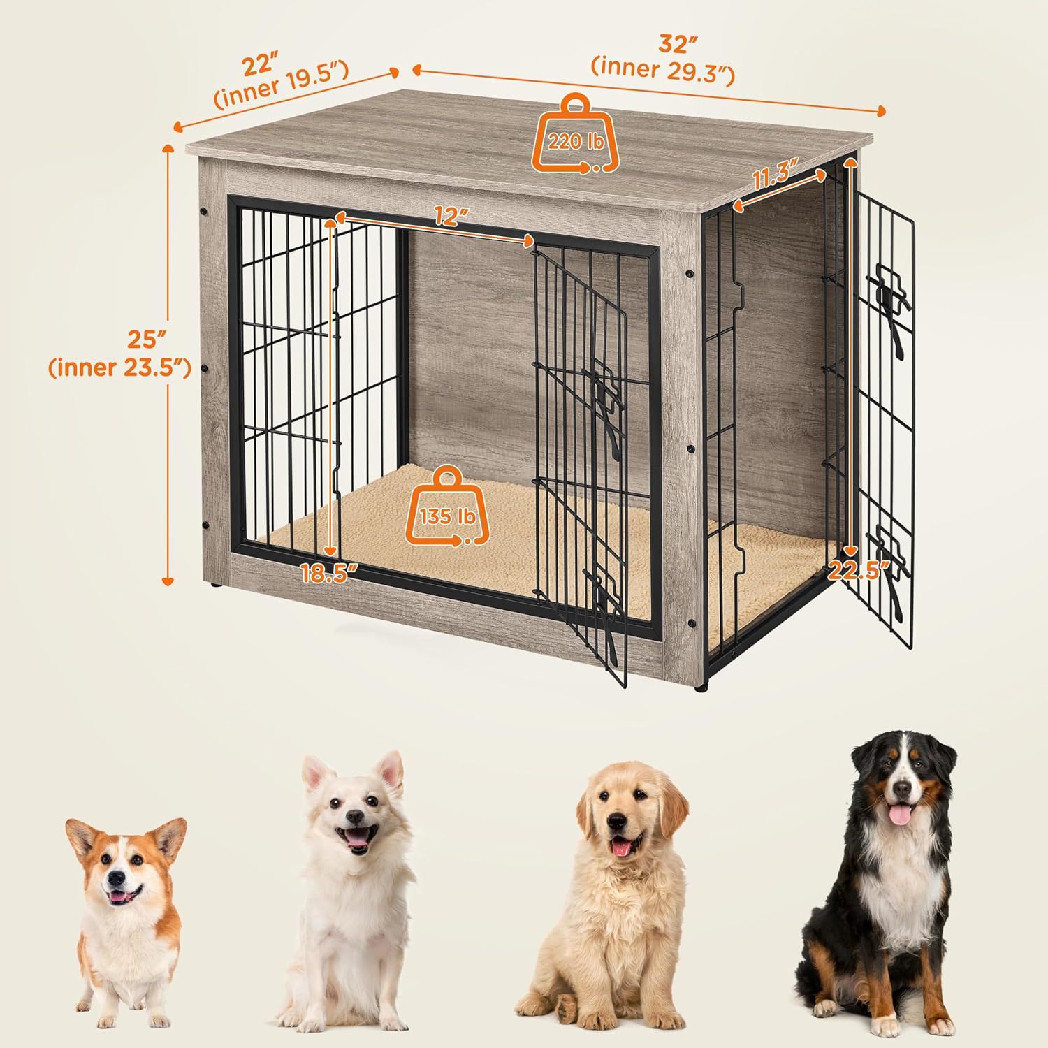 Yaheetech 32 Inch Dog Crate Furniture with Cushion, Wooden Dog Kennel with Double Door Side End Table with Adjustable Feet for Small Medium Dogs, Greige