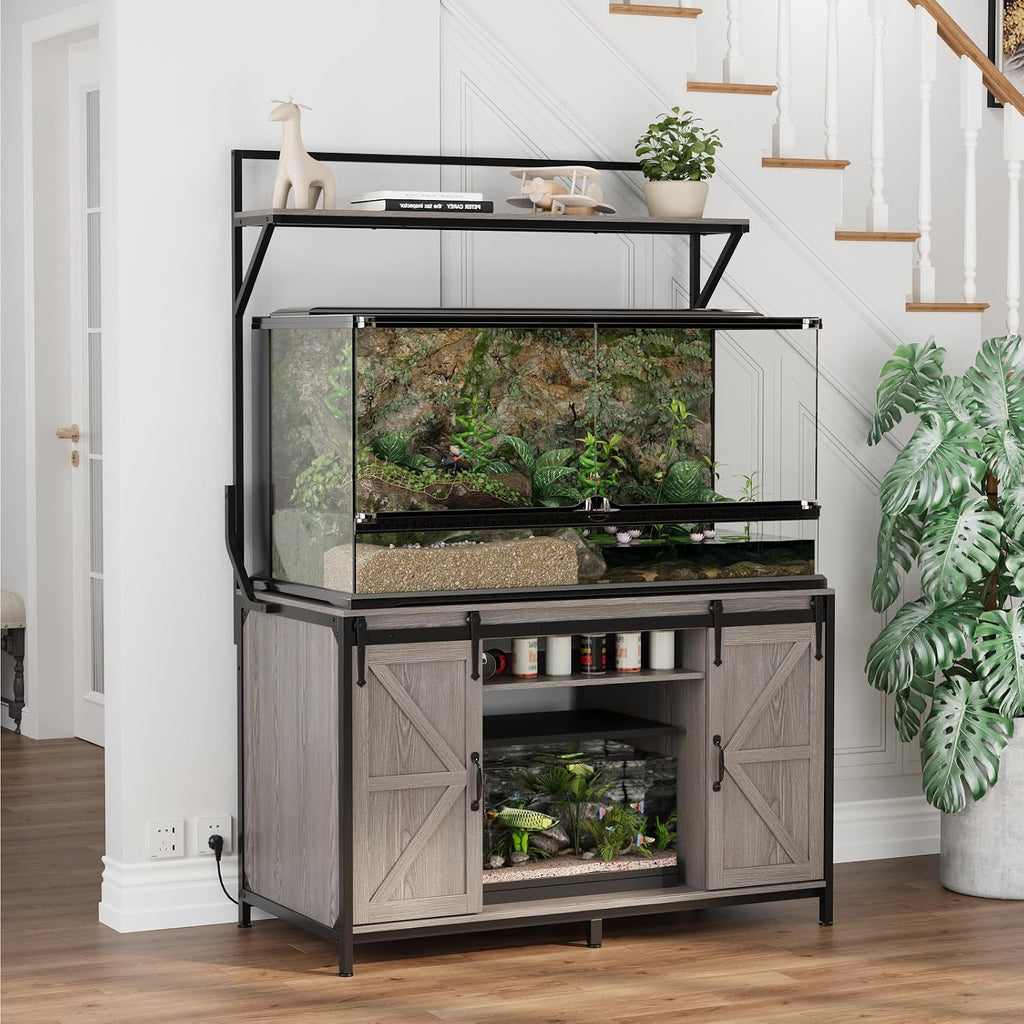 VOWNER Farmhouse Reptile Tank Stand with Power Outlet, 48' X 24' Tabletop Fits up to 120 Gallon Bearded Dragon Tank, Heavy Duty Aquarium Stand with Storage Cabinet, Reptile Turtle Terrarium Stand Grey
