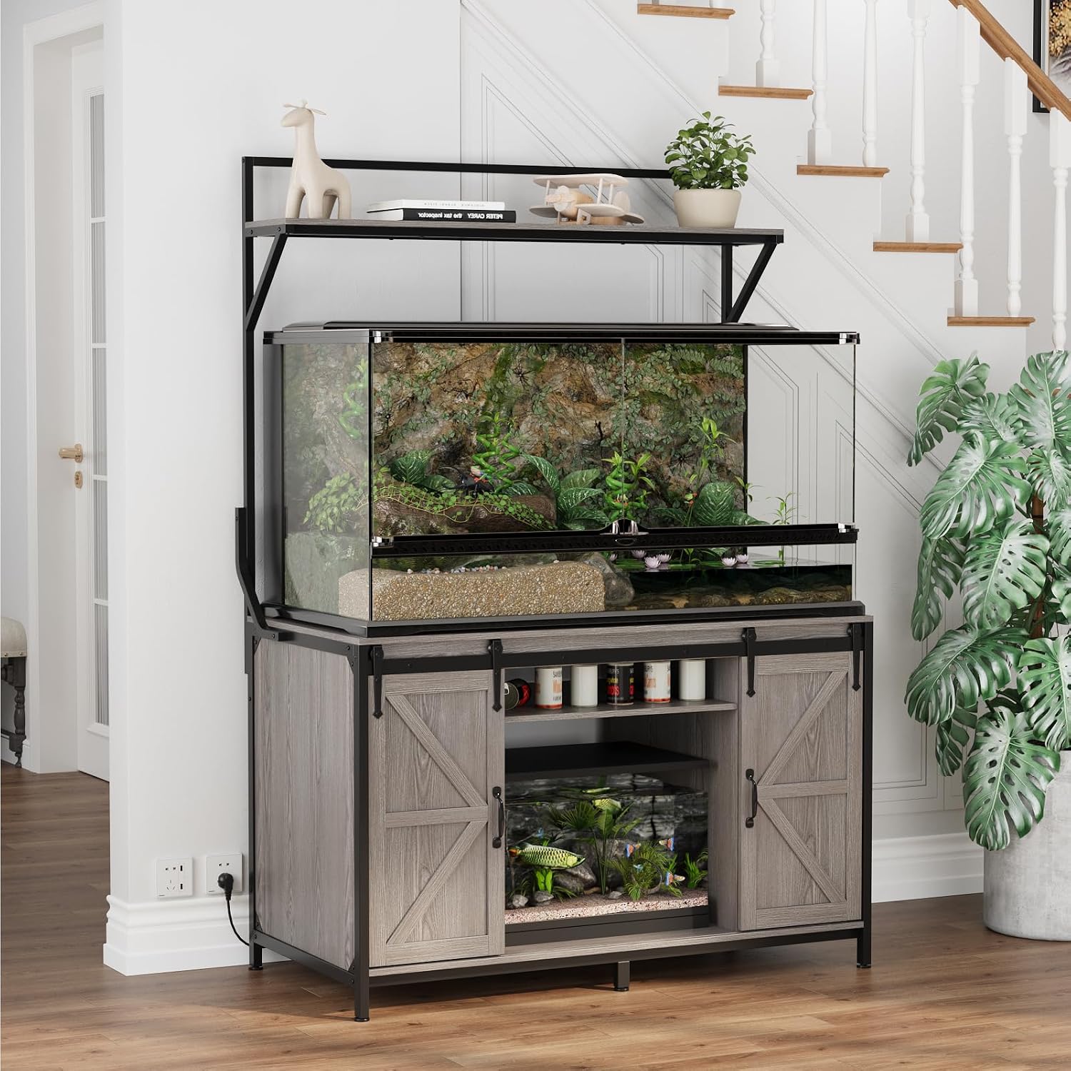 VOWNER Farmhouse Reptile Tank Stand with Power Outlet, 48' X 24' Tabletop Fits up to 120 Gallon Bearded Dragon Tank, Heavy Duty Aquarium Stand with Storage Cabinet, Reptile Turtle Terrarium Stand Grey