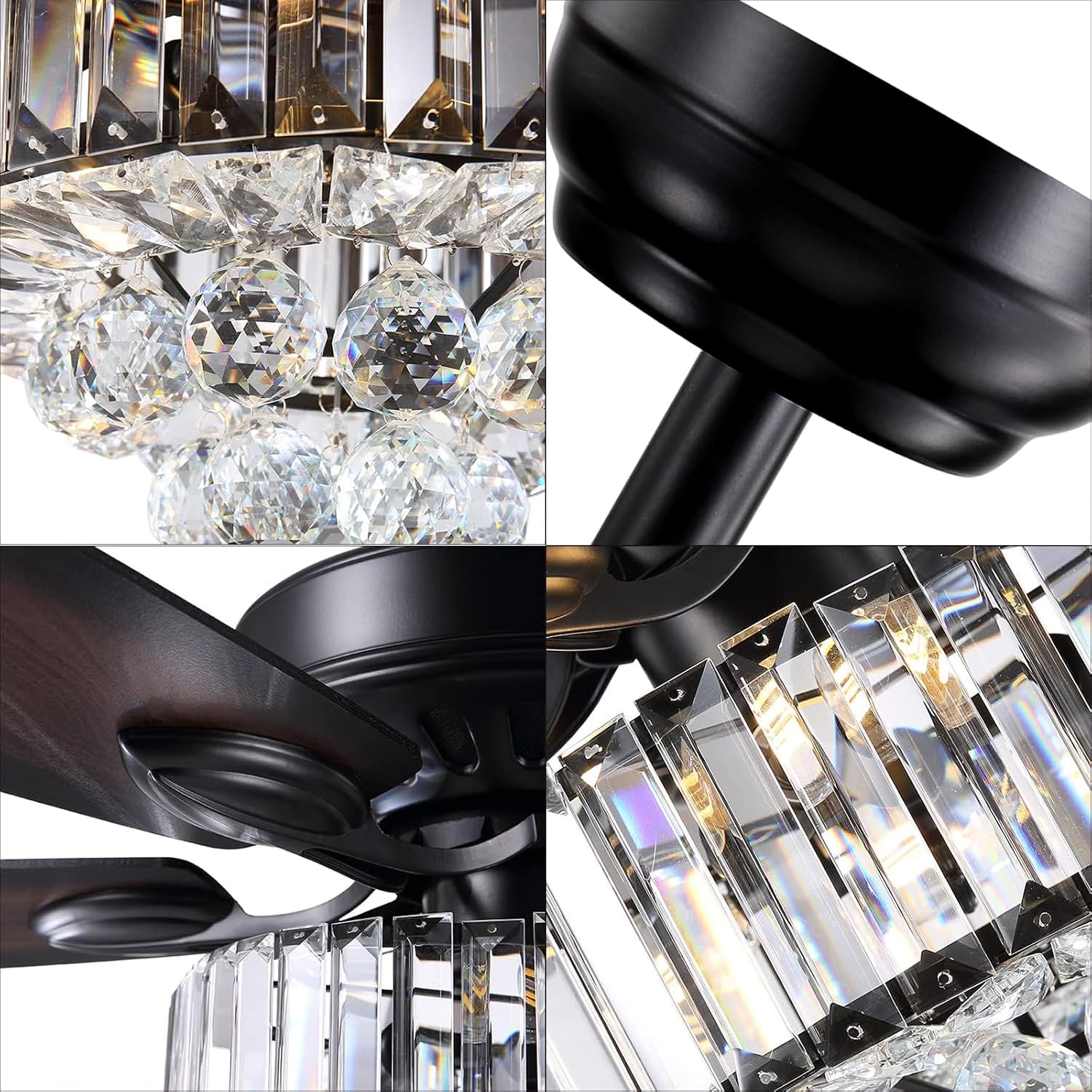 NOXARTE 52 Inch Crystal Ceiling Fan with Light, Modern LED Fandelier with Remote, Black Chandelier Fan Reverse Motor Wood Blades with 6 Speeds for Living Dining Room