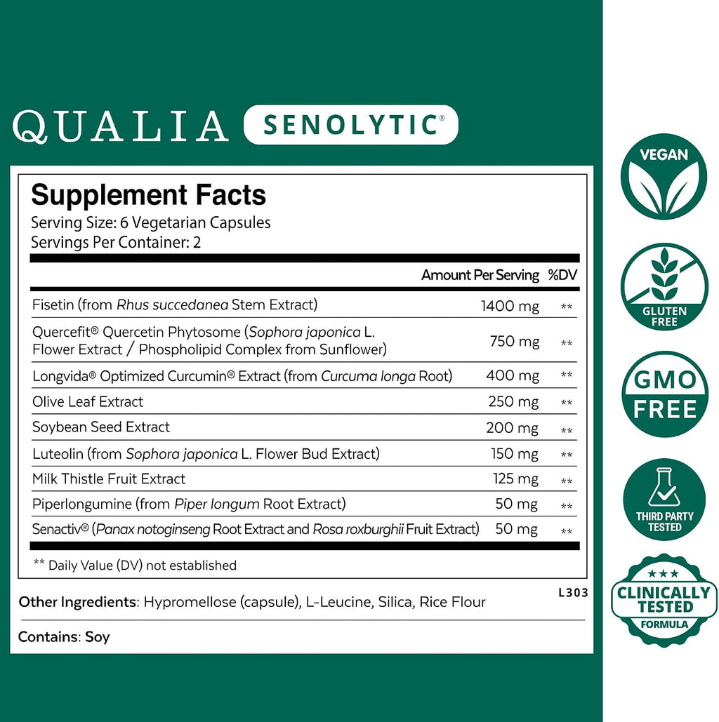Qualia Senolytic Supplement, Fisetin, Quercetin, Piperlongumine & More, Aging Supplement That Supports Optimal Cell Repair & Rejuvenation, Naturally Eliminate Zombie Cells, Capsules, 2 Box