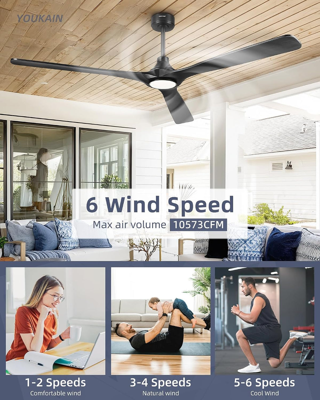 YOUKAIN 72 Inch Ceiling Fan with Light, 3 Black Solid Wood Blade, Remote Control, 3CCT Dimmable LED, 6-Speed Reversible Motor, Propeller Outdoor Ceiling Fans for Patios, 72-YJ817-BK