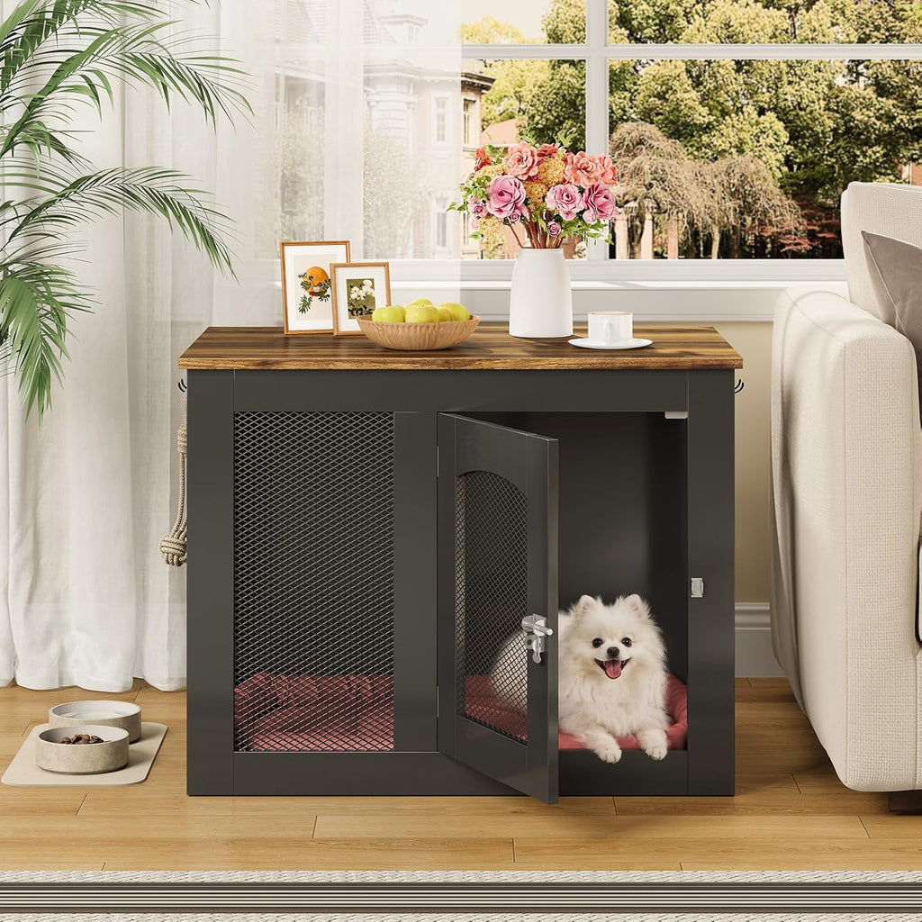 CHOEZON Wooden 30.1' Dog Crate Furniture, Farmhouse Pet Cage End Table with Secure Lock, Ventilated Mesh for Medium Dogs, Dog Kennel Furniture for Living Room, Bedroom, Black and Walnut MGW02BL