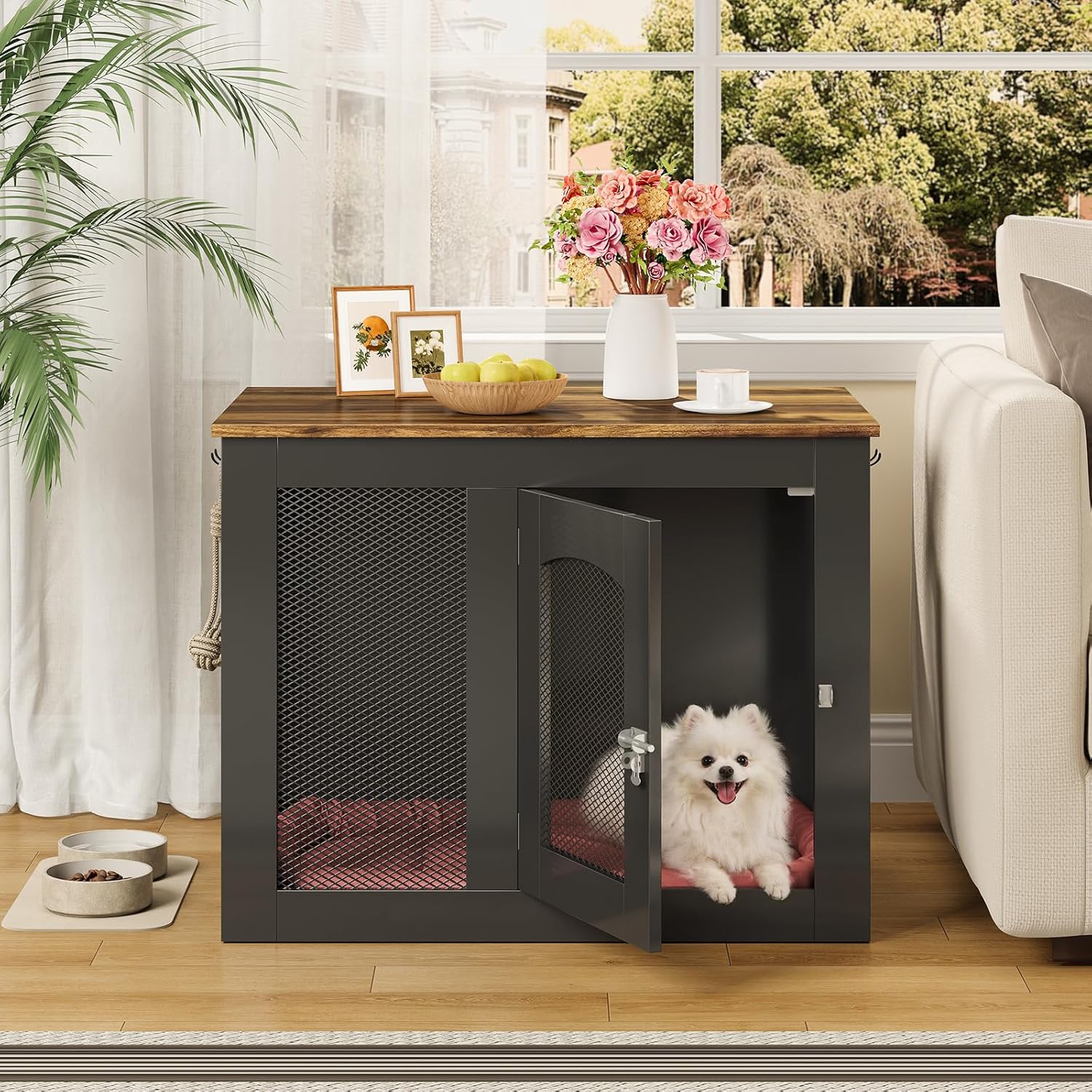 CHOEZON Wooden 30.1' Dog Crate Furniture, Farmhouse Pet Cage End Table with Secure Lock, Ventilated Mesh for Medium Dogs, Dog Kennel Furniture for Living Room, Bedroom, Black and Walnut MGW02BL