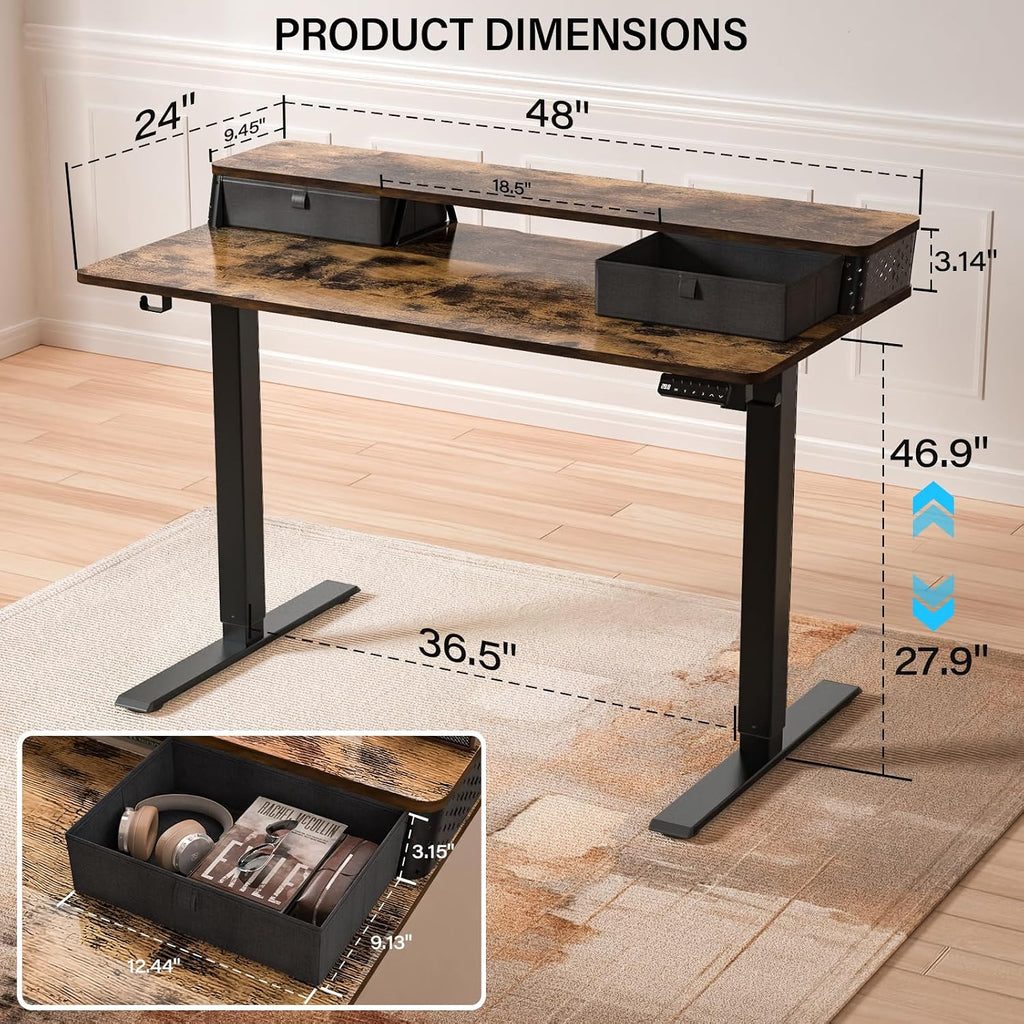 Electric Standing Desk with Two Drawers,48 x 24 Inch Sit Stand Desk Adjustable Height, Stand Up Desk with Storage Shelf, Computer Workstation for Home Office, Rustic Brown