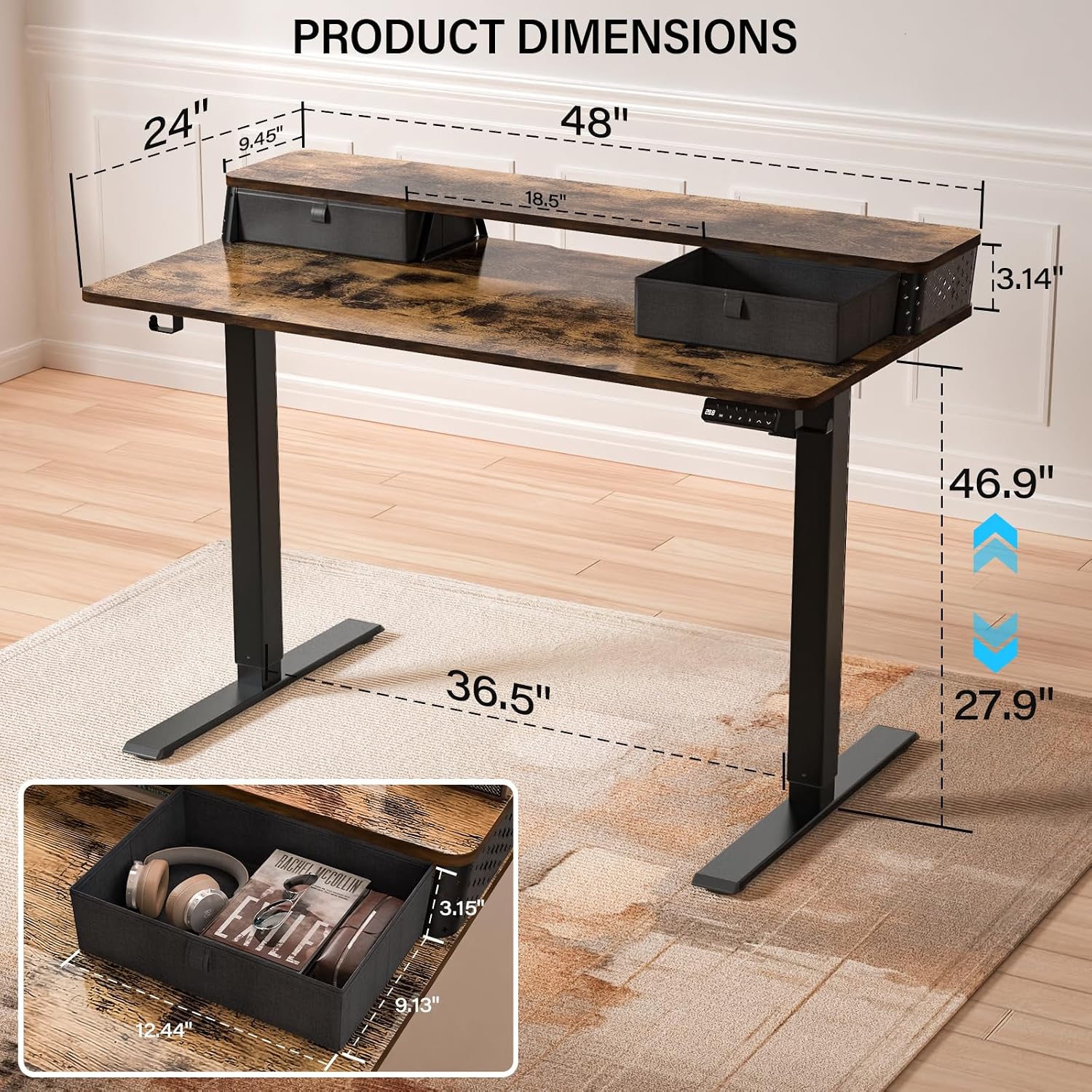 Electric Standing Desk with Two Drawers,48 x 24 Inch Sit Stand Desk Adjustable Height, Stand Up Desk with Storage Shelf, Computer Workstation for Home Office, Rustic Brown