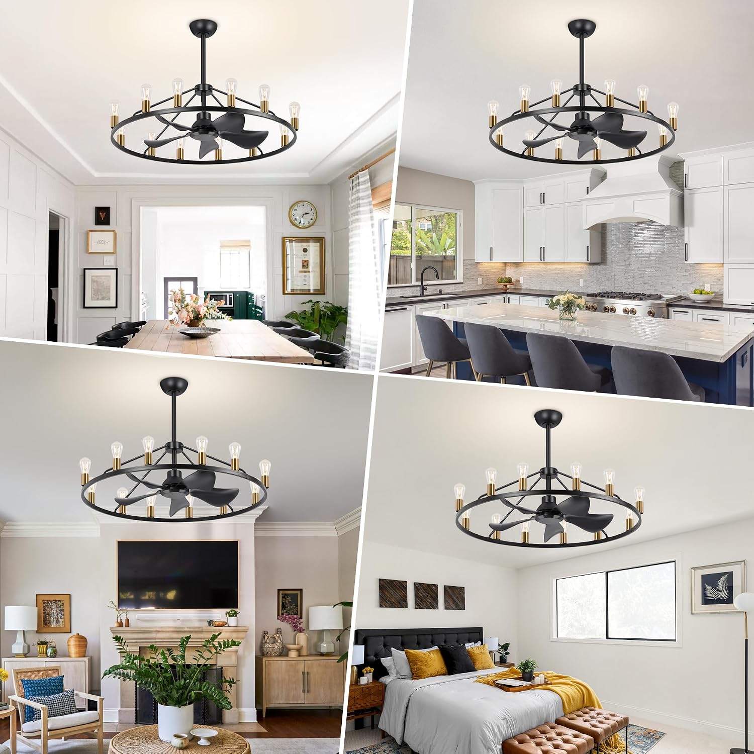 Miuyhji 44' Large Wagon Wheel Chandelier with Fan Smart Farmhouse Black Fan | 12 Lights, Remote/APP,6 Speed, Timing,Height Adjustable, Rustic Fandelier Light Fixture for Living Room Bedroom Dining Room