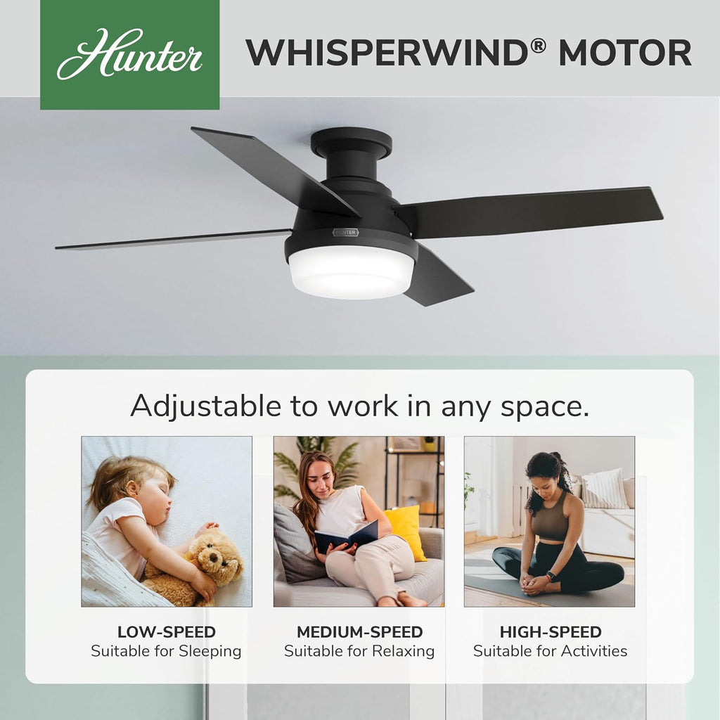 Hunter 52 inch Indoor Ceiling Fan with LED Light and Remote Control - Black Modern Ceiling Fan, Low Profile Mount, 4 Blades, for Bedroom, Living Room, or Kitchen, Quiet - Dempsey 52389, Matte Black