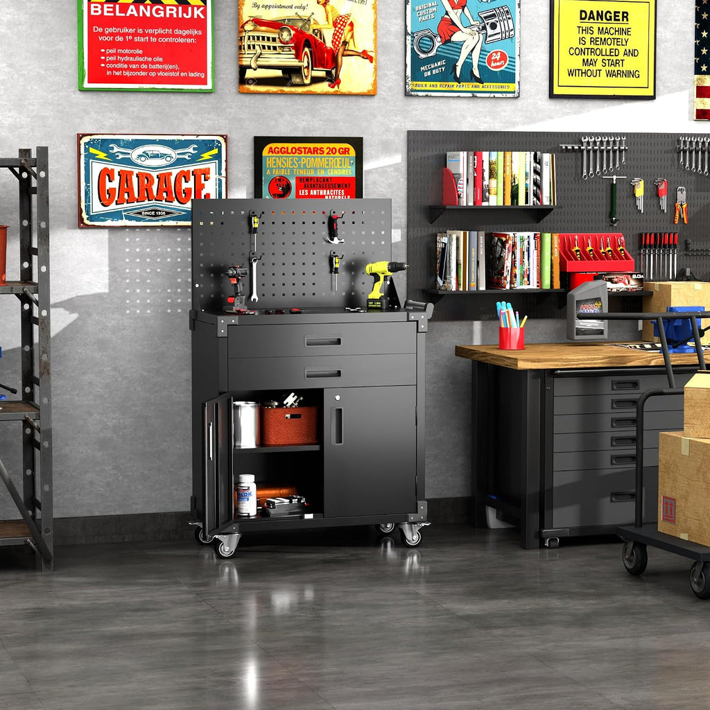 Tool Cart with Wheels and 2 Drawers, Metal Garage Storage Cabinet with Lockable Doors, Pegboard and 4 Hooks for Garage, Workshop, Tool Chest, Heavy Duty Work Bench, Black, Assembly Required