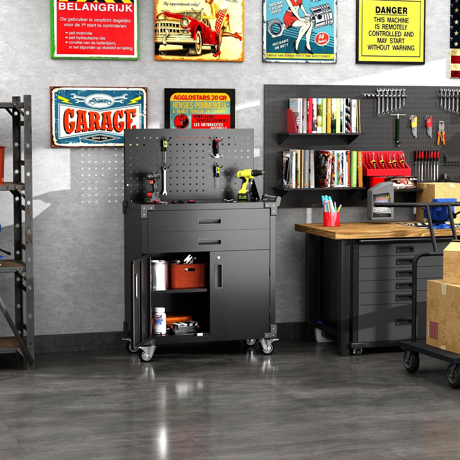 Tool Cart with Wheels and 2 Drawers, Metal Garage Storage Cabinet with Lockable Doors, Pegboard and 4 Hooks for Garage, Workshop, Tool Chest, Heavy Duty Work Bench, Black, Assembly Required