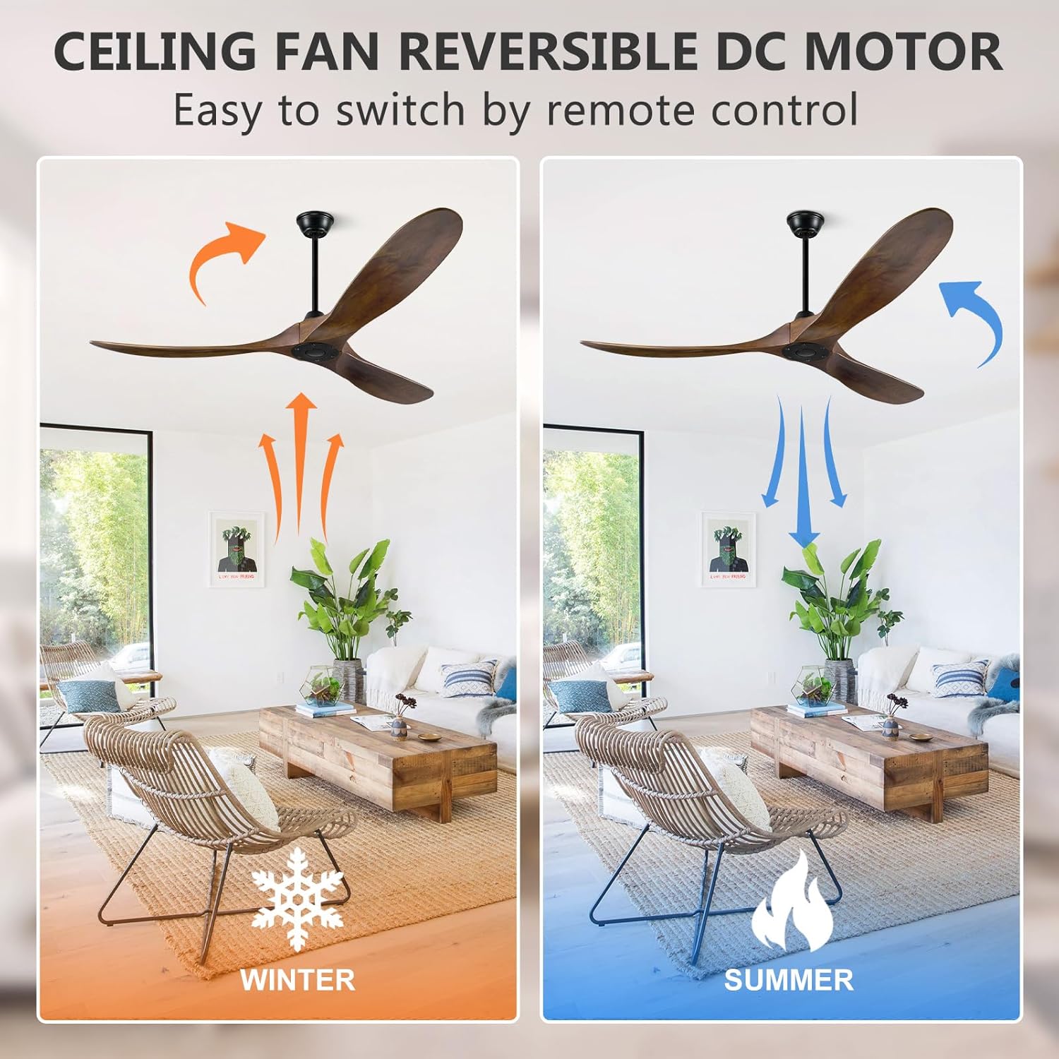 Eliora Ceiling Fan without Light, 60 Inch Wood Ceiling Fan no Light with Remote Wall Switch, Outdoor Fan for Patio, Porch, Bedroom, 6 Speed, Quiet DC Motor, ETL Listed-Deep Walnut