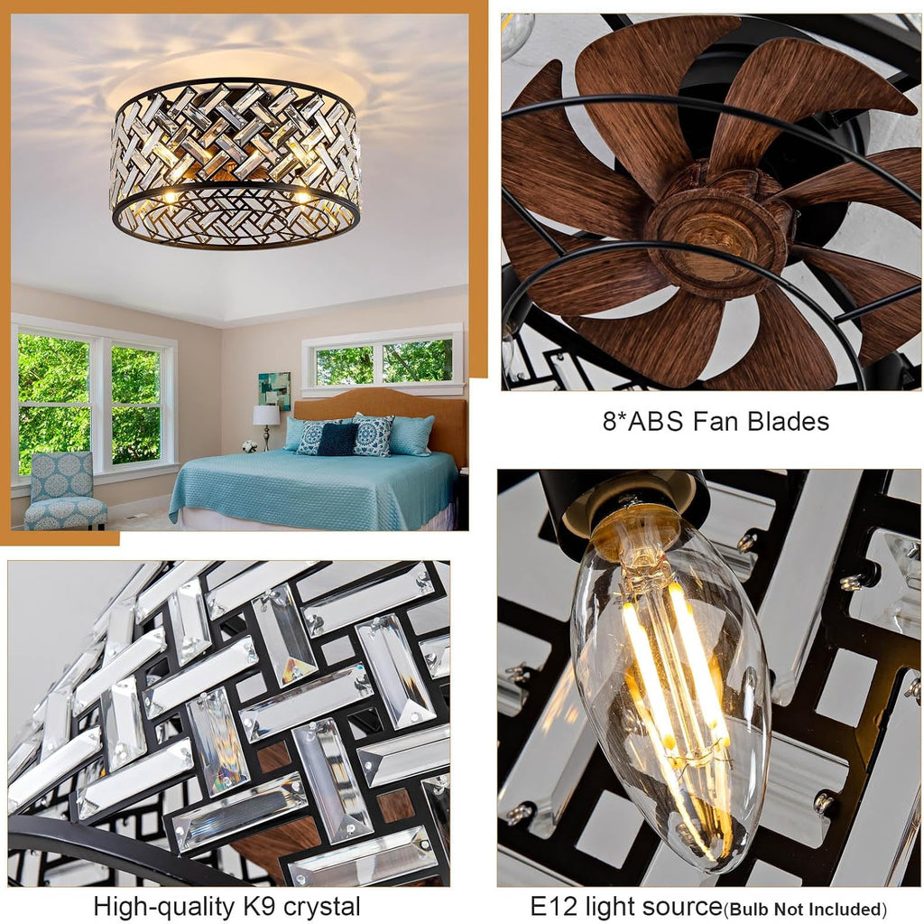 Modern Chandelier Crystal Ceiling Fans with Lights and Remote, 18.7-Inch Low Profile Bladeless Flush Mount Caged Ceiling Fan for Bedroom, Kitchen,Living Room,Small Ceiling Fan with Light with 6 Speed