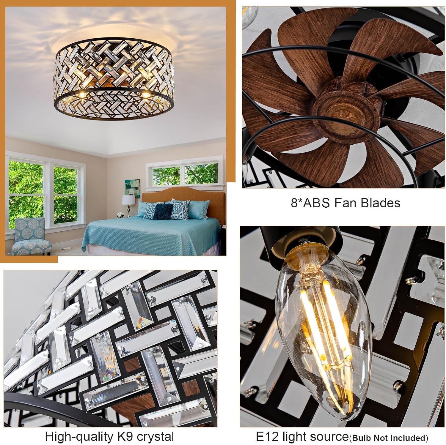 Modern Chandelier Crystal Ceiling Fans with Lights and Remote, 18.7-Inch Low Profile Bladeless Flush Mount Caged Ceiling Fan for Bedroom, Kitchen,Living Room,Small Ceiling Fan with Light with 6 Speed