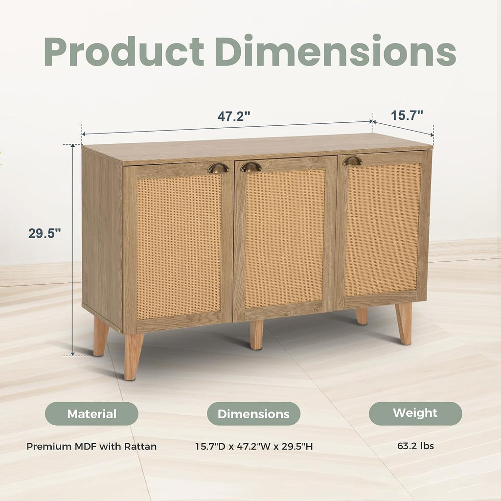 PHI VILLA Rattan Cabinet with Doors, Buffet Sideboard Cabinets Credenza, 3 Door Accent Cabinet