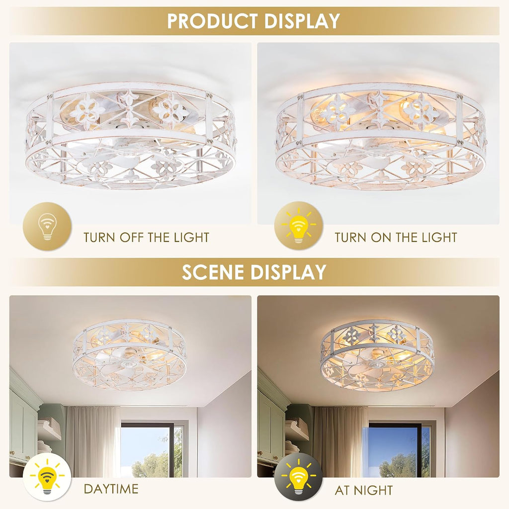 ZYD Caged Ceiling Fans with Light, 20' Ceiling Fans with Lights and Remote Flush Mount, Bladeless Caged Ceiling Fan with Light, Rust White Farmhouse Ceiling Fan for Bedroom, Kitchen, Dining Room
