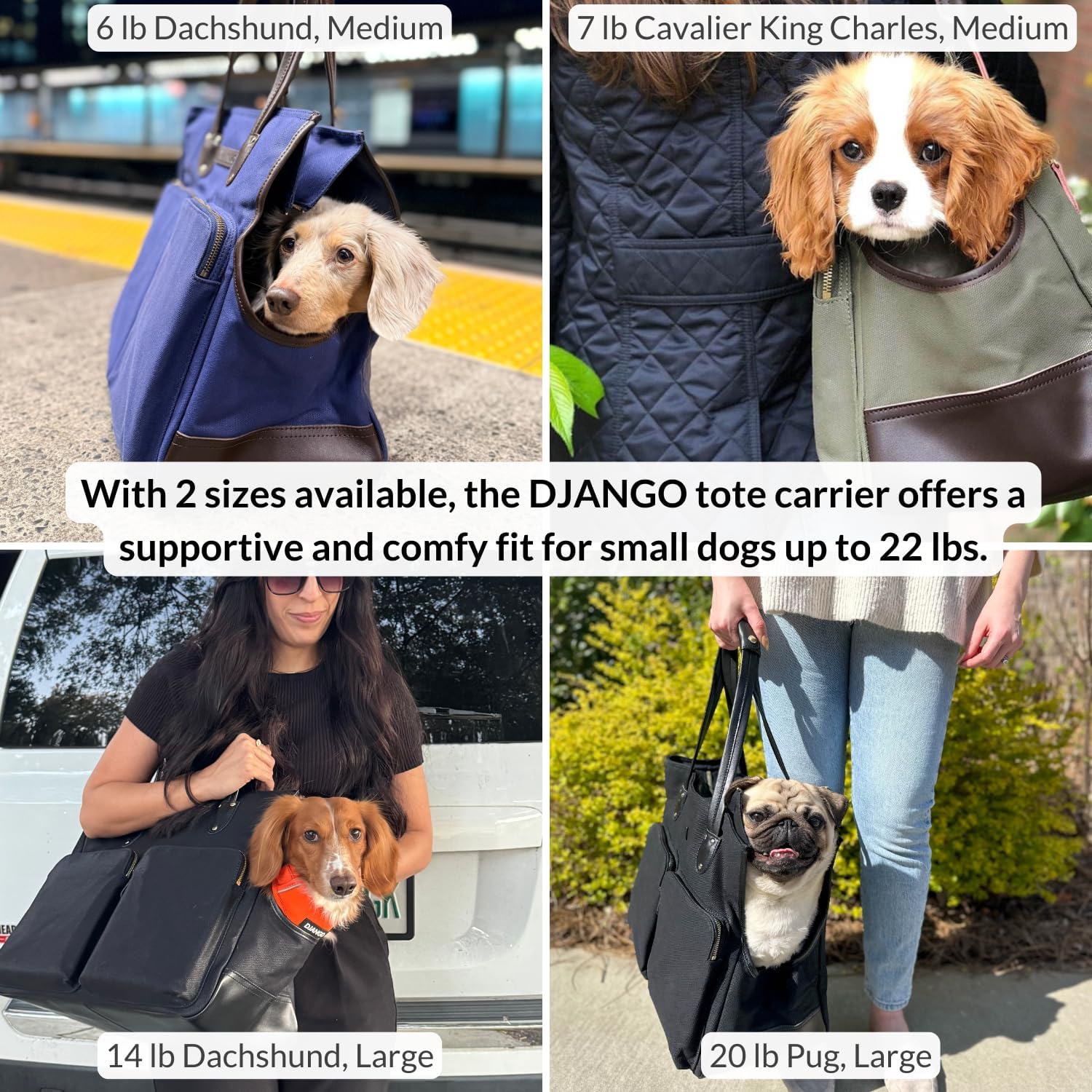 DJANGO Waxed Canvas & Leather Dog Carrier Tote Bag – Premium Soft-Sided Travel Dog Purse with Safety Leash, WR Lining, & Large Zipper Pockets – Everyday Pet Carrier for Small Dogs (Navy Blue, Medium)