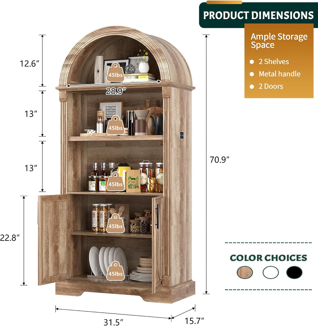 Vlsrka 71' Tall Arched Kitchen Pantry Cabinets, Wood Kitchen Storage Cabinets/Arched Bookshelf/Bookcase,China Cabinet with Open & Adjustable Shelves, Induction LED Light (Brown)