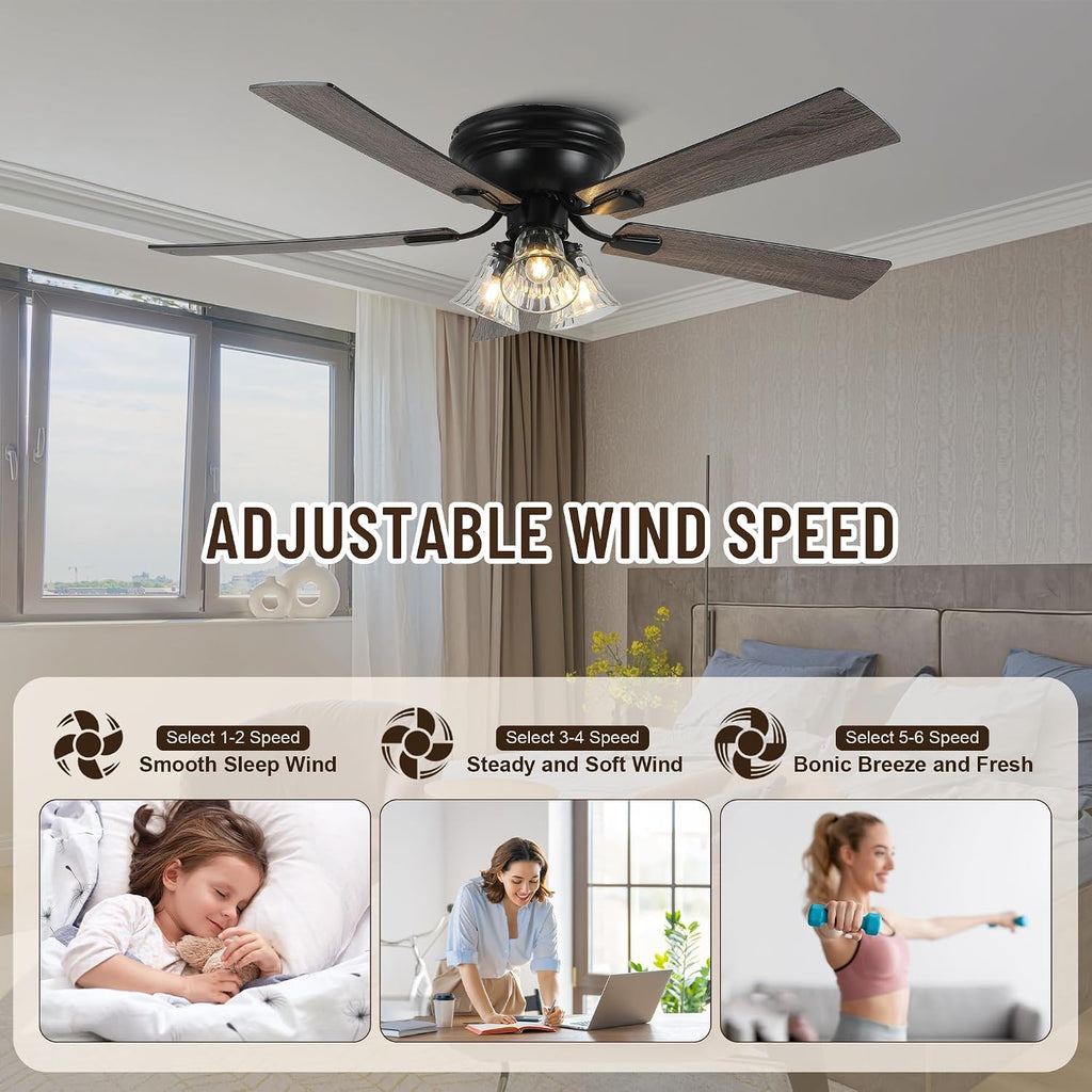 52'' Flush Mount Ceiling Fans with Lights and Remote Control,Reversible DC Motor,5 Reversible Blade,6 Speeds,Rustic Farmhouse Ceiling Fan for Living Room,Dining Room,Bedroom