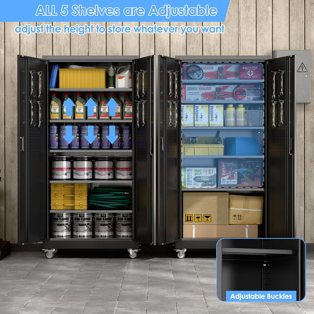 Reemoon Metal Garage Storage Cabinet with Wheels and Lockable Doors, Steel Storage Cabinet with 5 Adjustable Shelves and Pegboard for Garage Home Utility Room,Required Assembly,Black,71'H×34'W×18'D