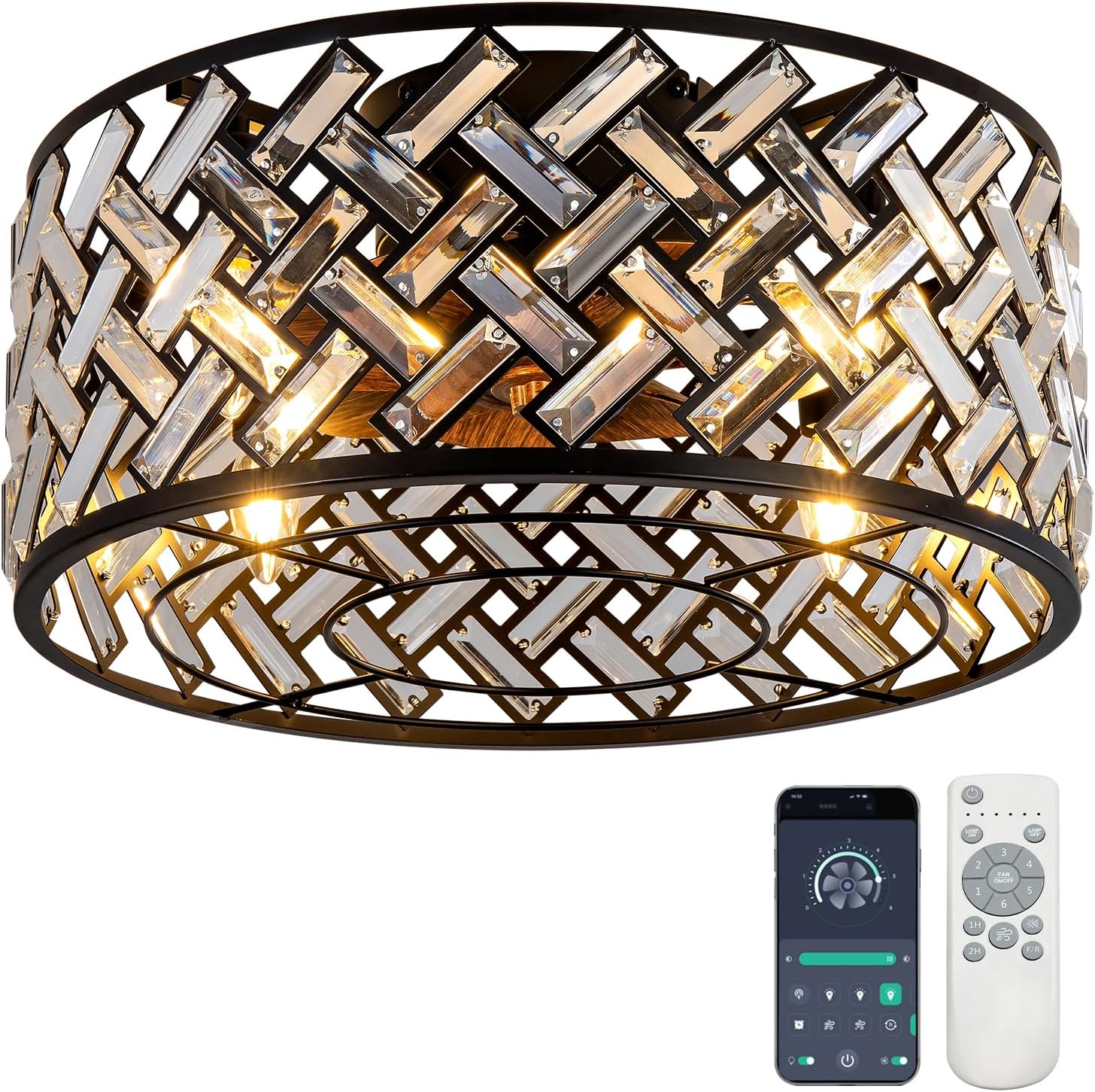 Modern Chandelier Crystal Ceiling Fans with Lights and Remote, 18.7-Inch Low Profile Bladeless Flush Mount Caged Ceiling Fan for Bedroom, Kitchen,Living Room,Small Ceiling Fan with Light with 6 Speed