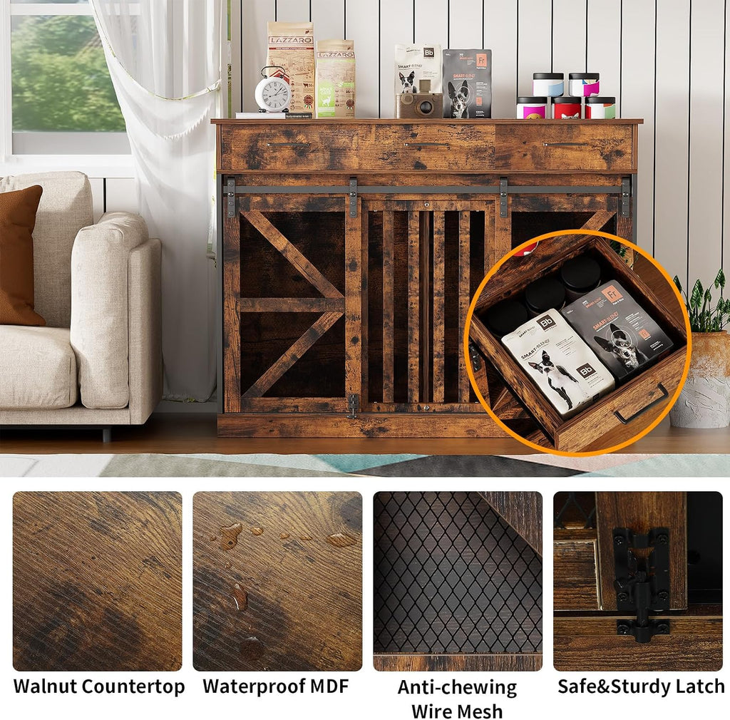 kepptory 48 Inch Large Dog Crate Furniture with 3 Storage Drawers, Wooden Pet Kennel with Removable Divider, Dog Kennel End Table TV Stand, Farmhouse Style Dog Crates with Sliding Barn Door (Brown)