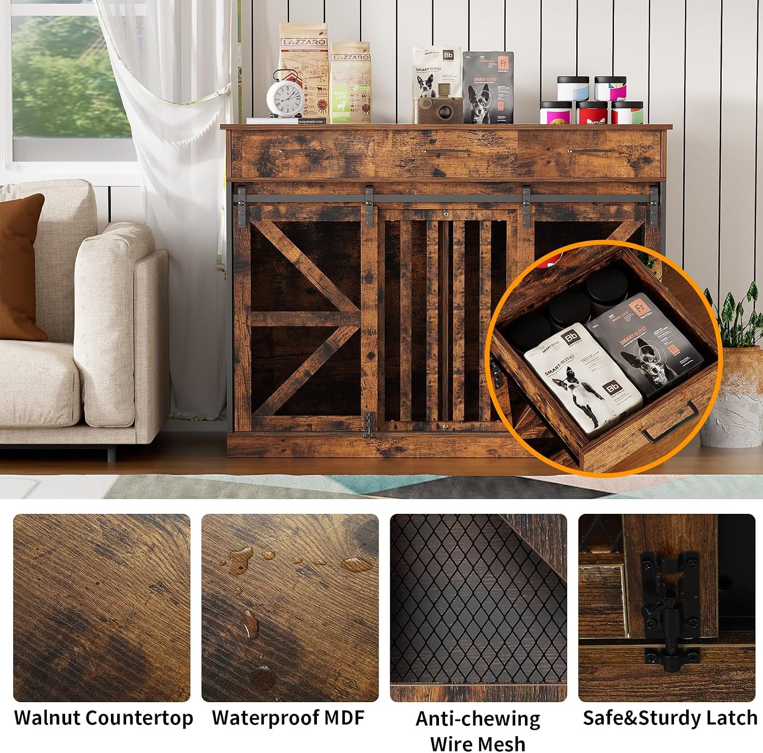 kepptory 48 Inch Large Dog Crate Furniture with 3 Storage Drawers, Wooden Pet Kennel with Removable Divider, Dog Kennel End Table TV Stand, Farmhouse Style Dog Crates with Sliding Barn Door (Brown)