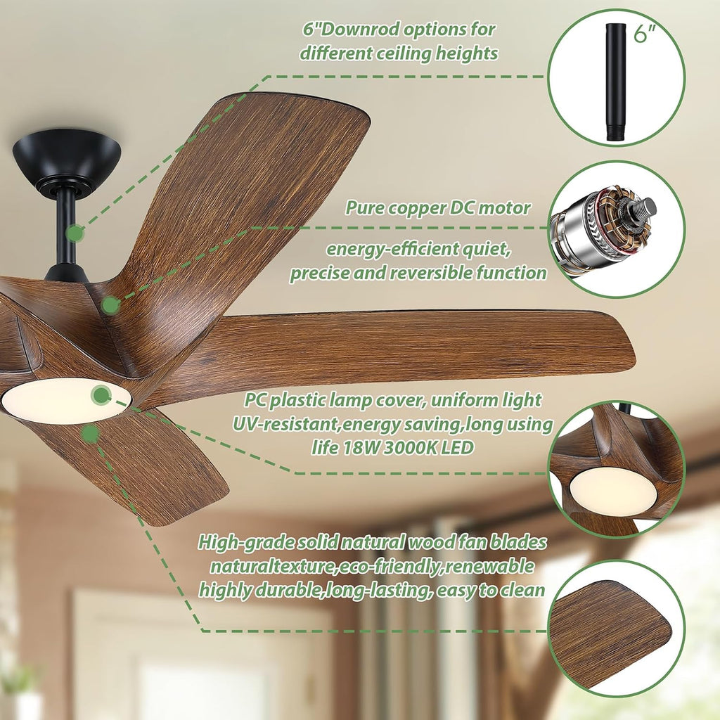 60 Inch Ceiling Fans with Lights and Remote,Flush Mount Low Profile, DC Reversible Motor,6 Speeds Noiseless Ceiling fans For Bedroom,Patio,Farmhouse,Indoor & Outdoor Use,ETL Certification