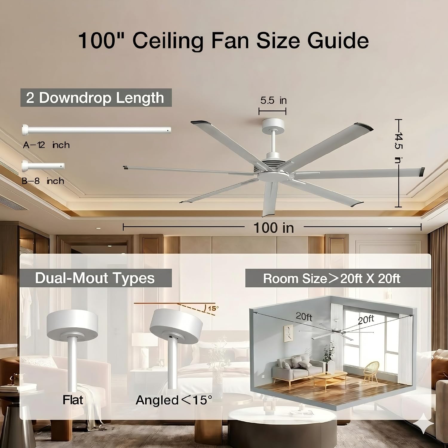 96 Inch Industrial Ceiling Fans without Lights, Large Outdoor Ceiling Fans for Patios Gazebo, Remote Control, Reversible Quiet DC Motor, High CFM Big Commercial Fans for Shop Garage Gym, ETL Listed