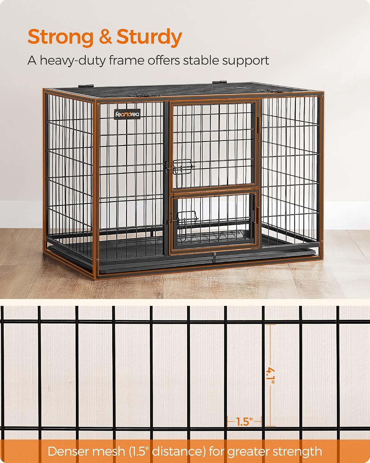 Feandrea 36.4 Inch Heavy Duty Dog Crate, Metal Escape Proof Kennel with Double Doors and Convenient Feeding Door, Removable Tray, Easy to Clean, L Pet Crate for Medium and Small Dogs, Black