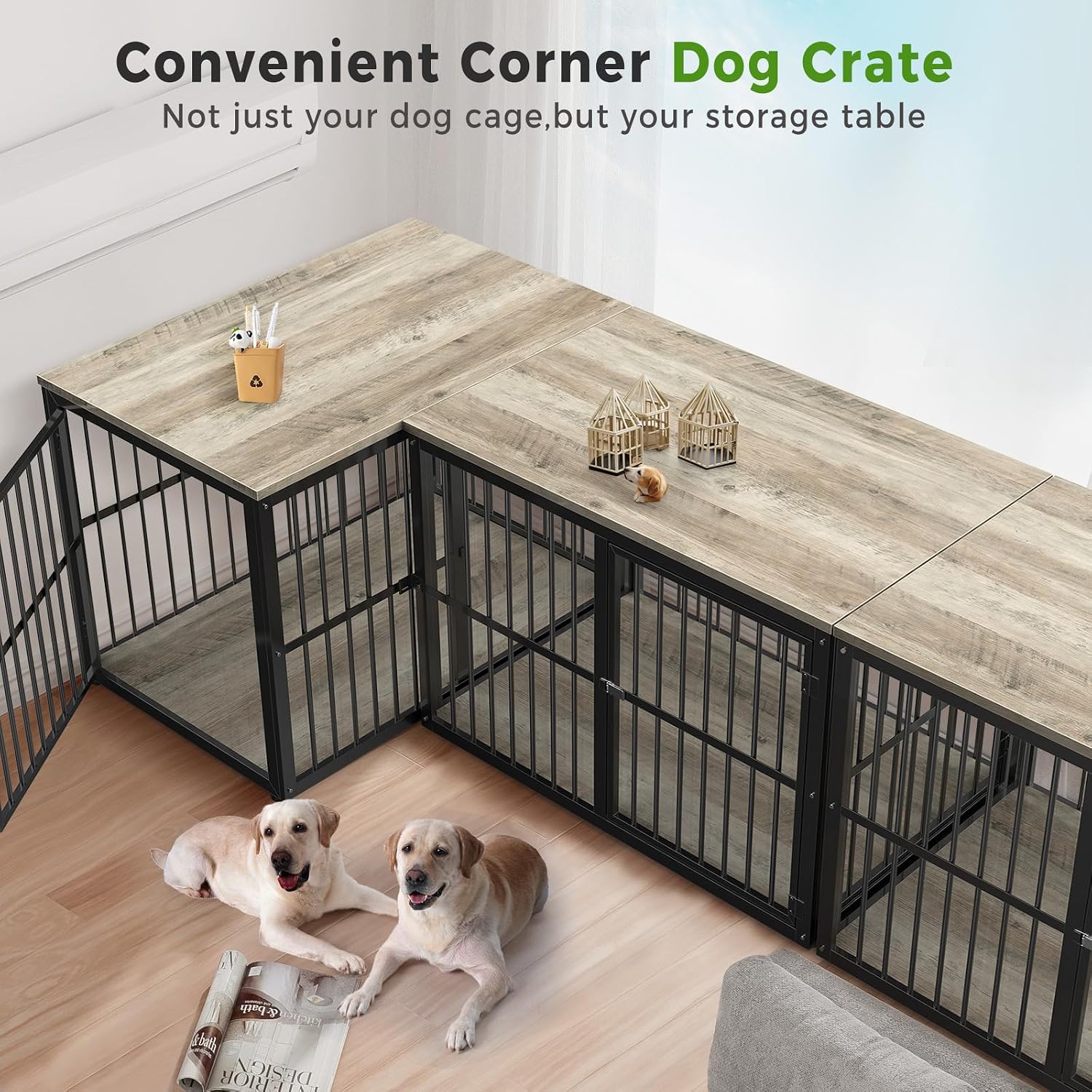 Lyromix 43'' L-Shaped Corner Dog Crate Furniture Large Breed with Double Rooms,Wooden Dog Crate End Table Indoor with Removable Divider for Small to Medium Dogs, Can Use Separately