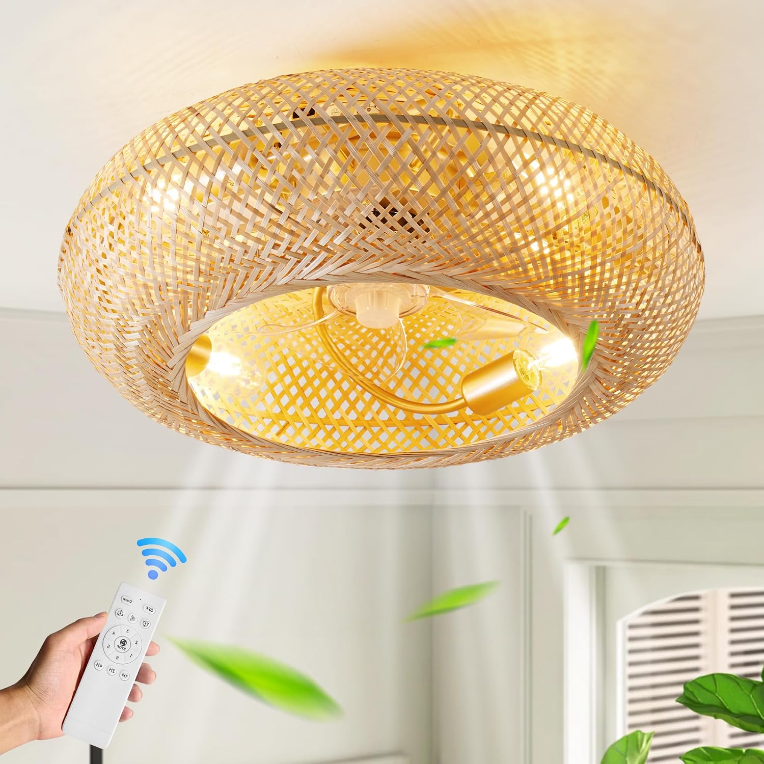ainqiant 20' Boho Ceiling Fans with Lights,Rattan Caged Flush Mount Ceiling Fan with Light, Enclosed Timing 6 Speeds Reversible for Living Room Bedroom Dining Room
