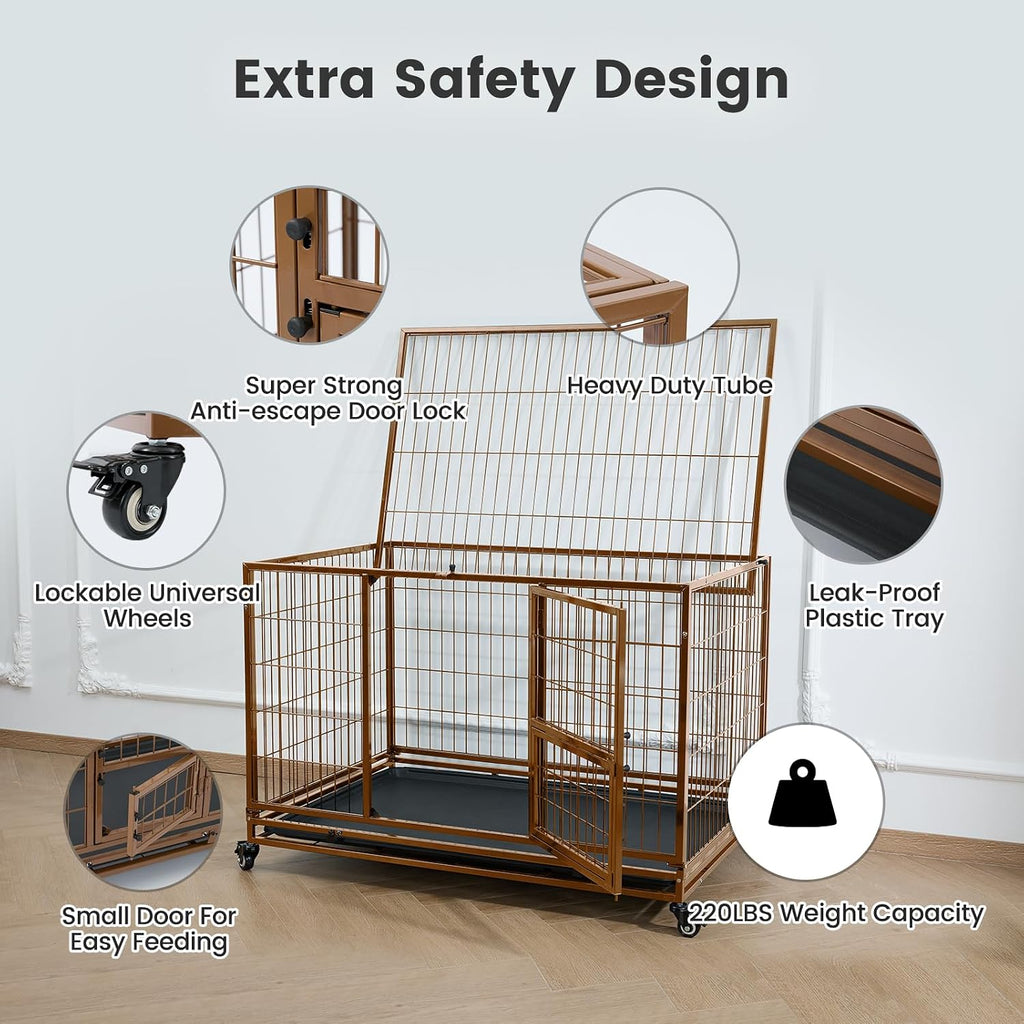 Gardner Pet 43 Inch Heavy Duty Dog Crate with Wheels, Folding Metal Dog Cage for Small/Medium and Large Dogs, Indestructible Dog Crate with Removable Tray (Brown)