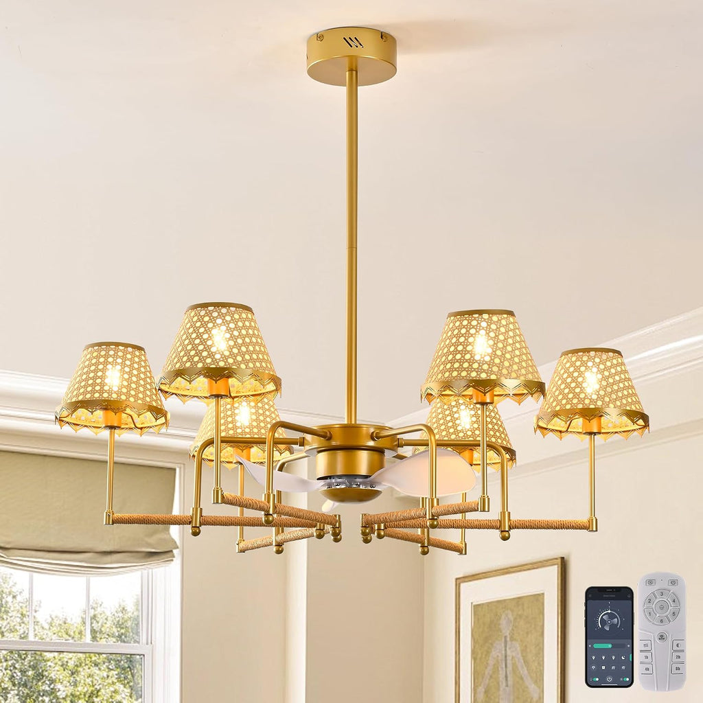 Garwarm Ceiling Fans with Lights,Boho Rattan Fandelier Ceiling Fan with Lights,Chandelier Ceiling Fan Remote Control for Kitchen Island Dining Living Room Nursery