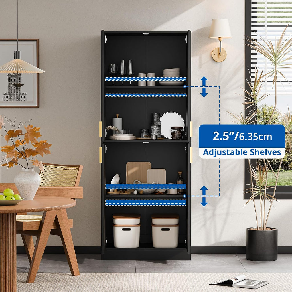 Cozy Castle Kitchen Pantry Cabinet, 71' Tall Wood Storage Cabinet with Doors and Shelves 4 Doors Freestanding Cupboard for Dining Room Living Room Furniture, Black | Wood Storage Cabinet