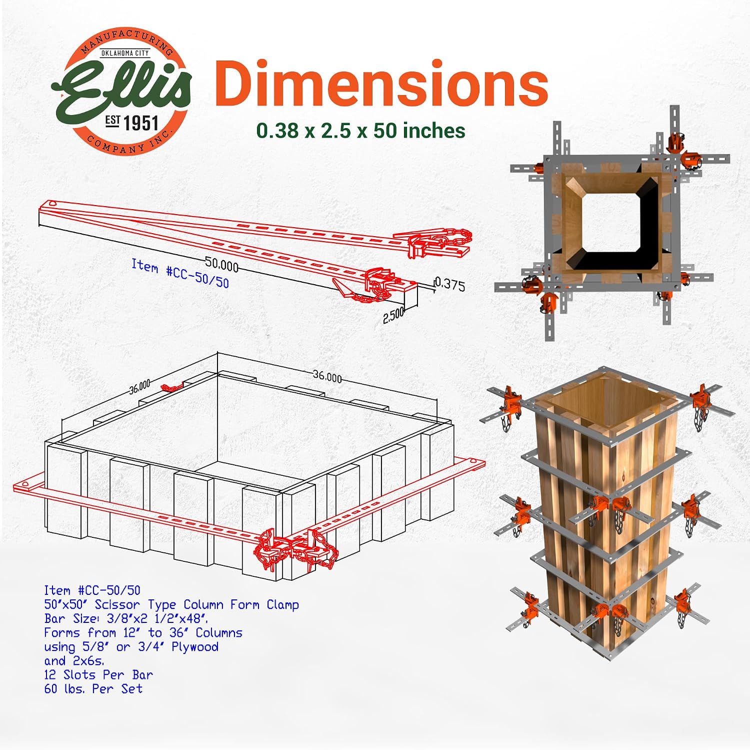Ellis Manufacturing Company Scissor Column Forming Clamps - Clamp Set for Carpentry & Construction - Net Concrete 12'-36', Bar Size 3/8' x 2.5' x 50'