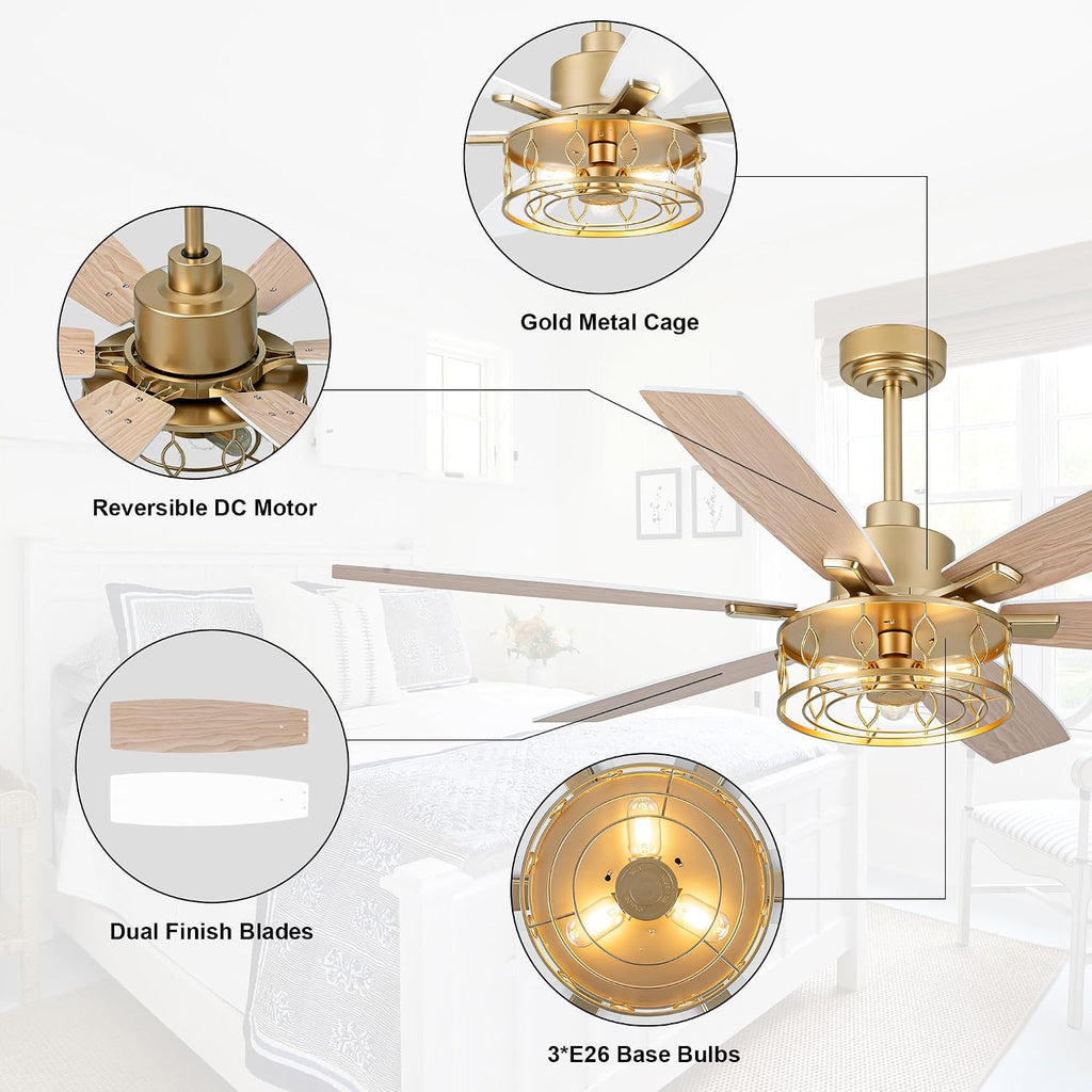 White and Gold Ceiling Fan with Lights 60 Inch Fandelier Ceiling Fan Gold Caged Chandelier Modern Fandeliers with Lights and Remote for Living Room Indoor Outdoor, Reversible 6 Speeds