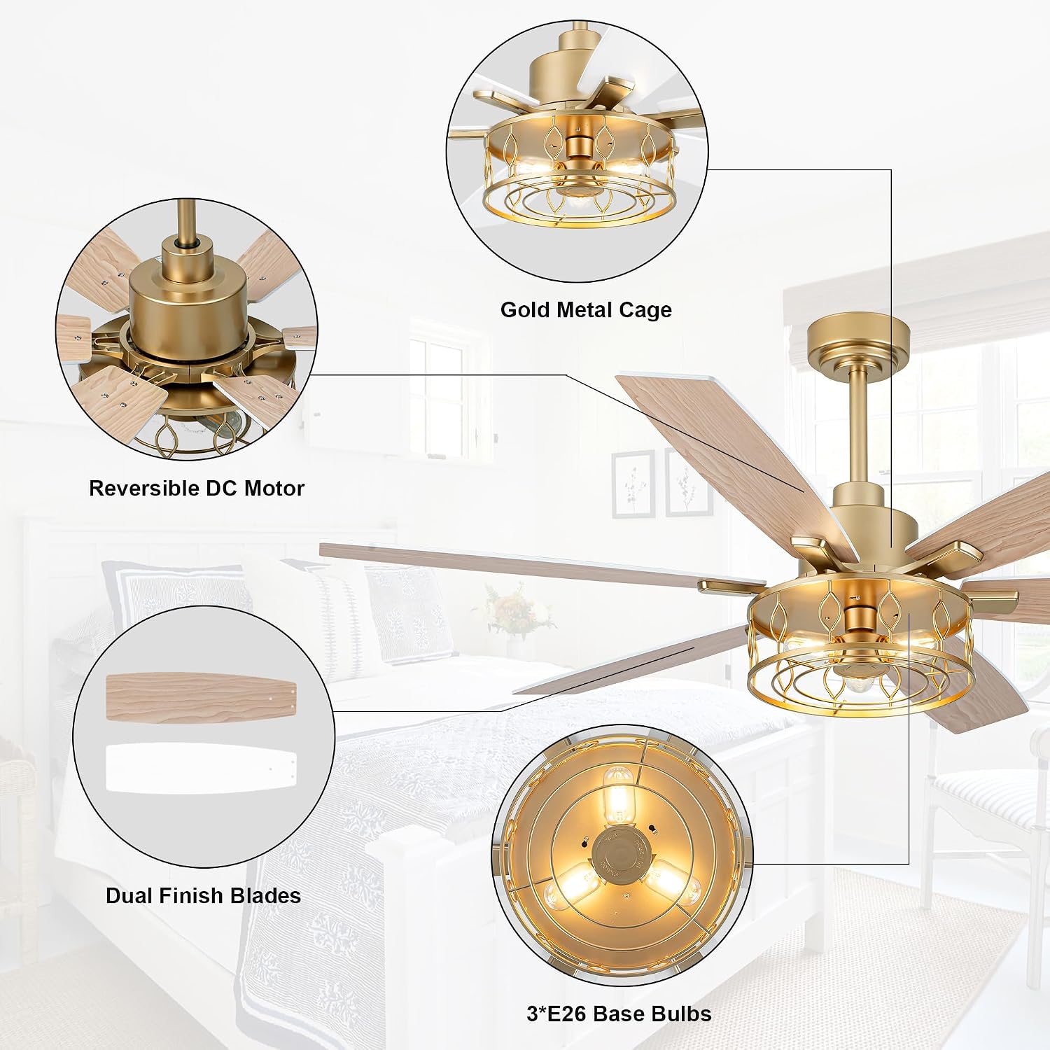 White and Gold Ceiling Fan with Lights 60 Inch Fandelier Ceiling Fan Gold Caged Chandelier Modern Fandeliers with Lights and Remote for Living Room Indoor Outdoor, Reversible 6 Speeds