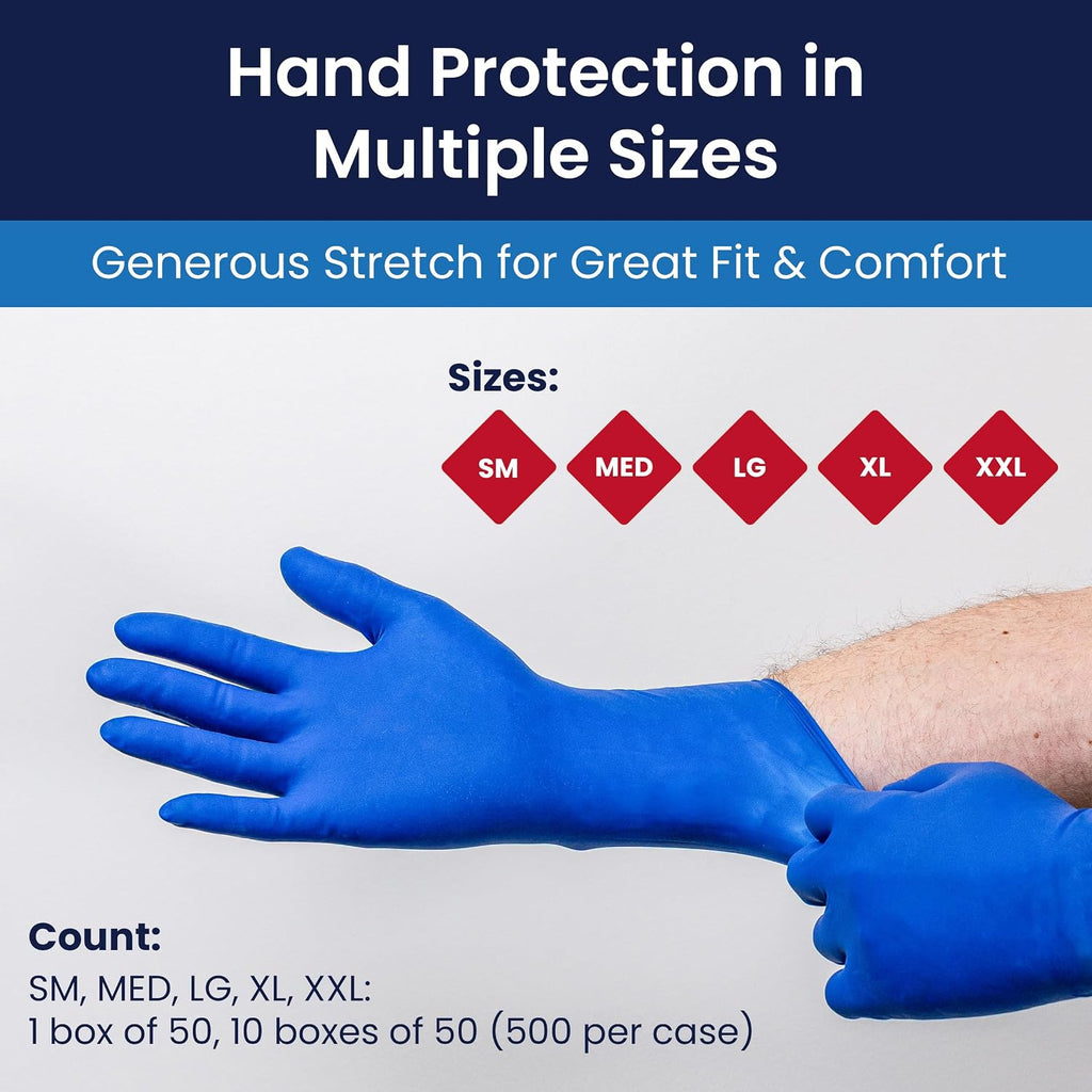 Adenna HERO Disposable Latex Gloves - 14 Mil, NFPA-Approved Heavy Duty Glove with 12' Extended Cuff & Micro-Textured Grip, Exam Grade, Powder Free, Case of 500, X-Large, Blue