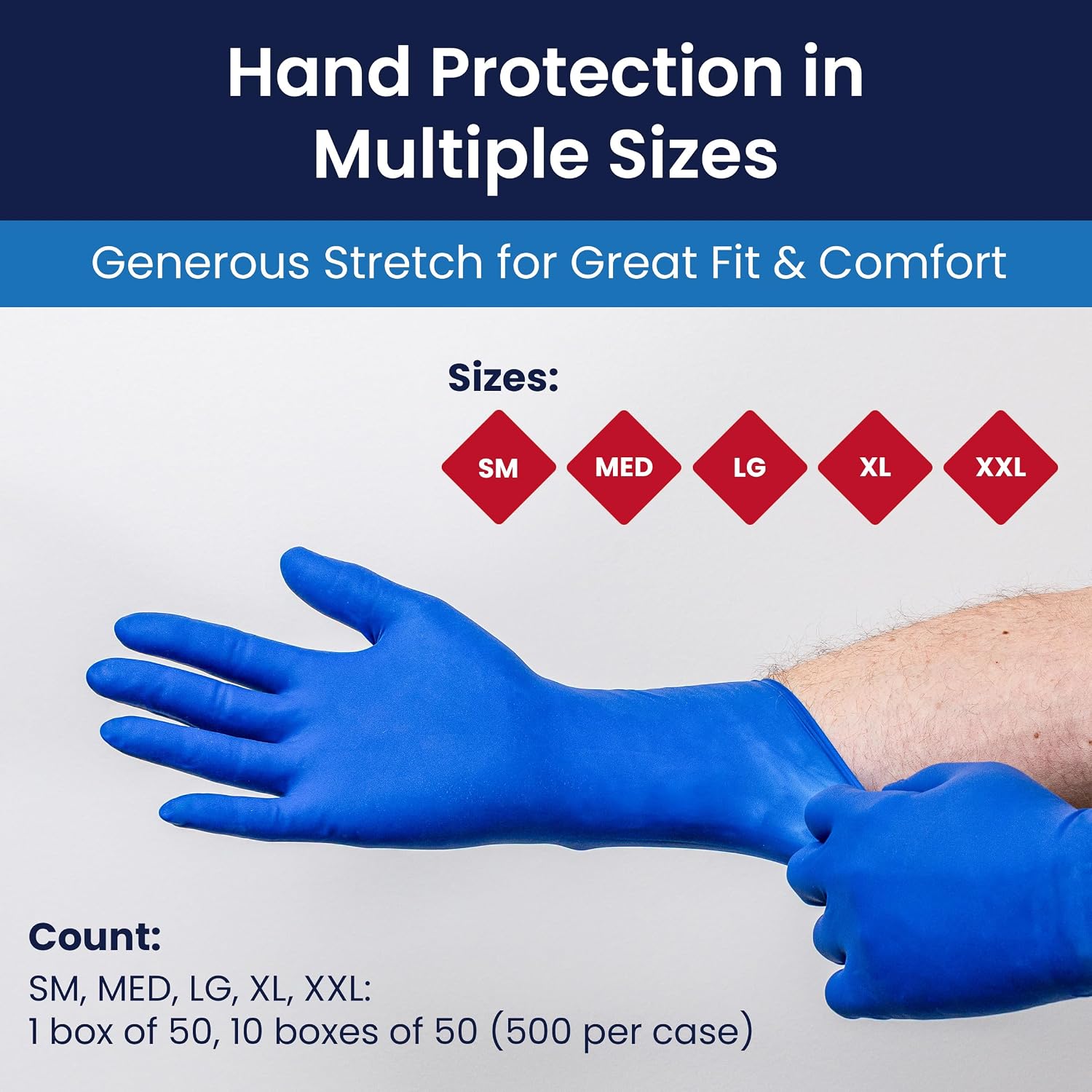 Adenna HERO Disposable Latex Gloves - 14 Mil, NFPA-Approved Heavy Duty Glove with 12' Extended Cuff & Micro-Textured Grip, Exam Grade, Powder Free, Case of 500, X-Large, Blue