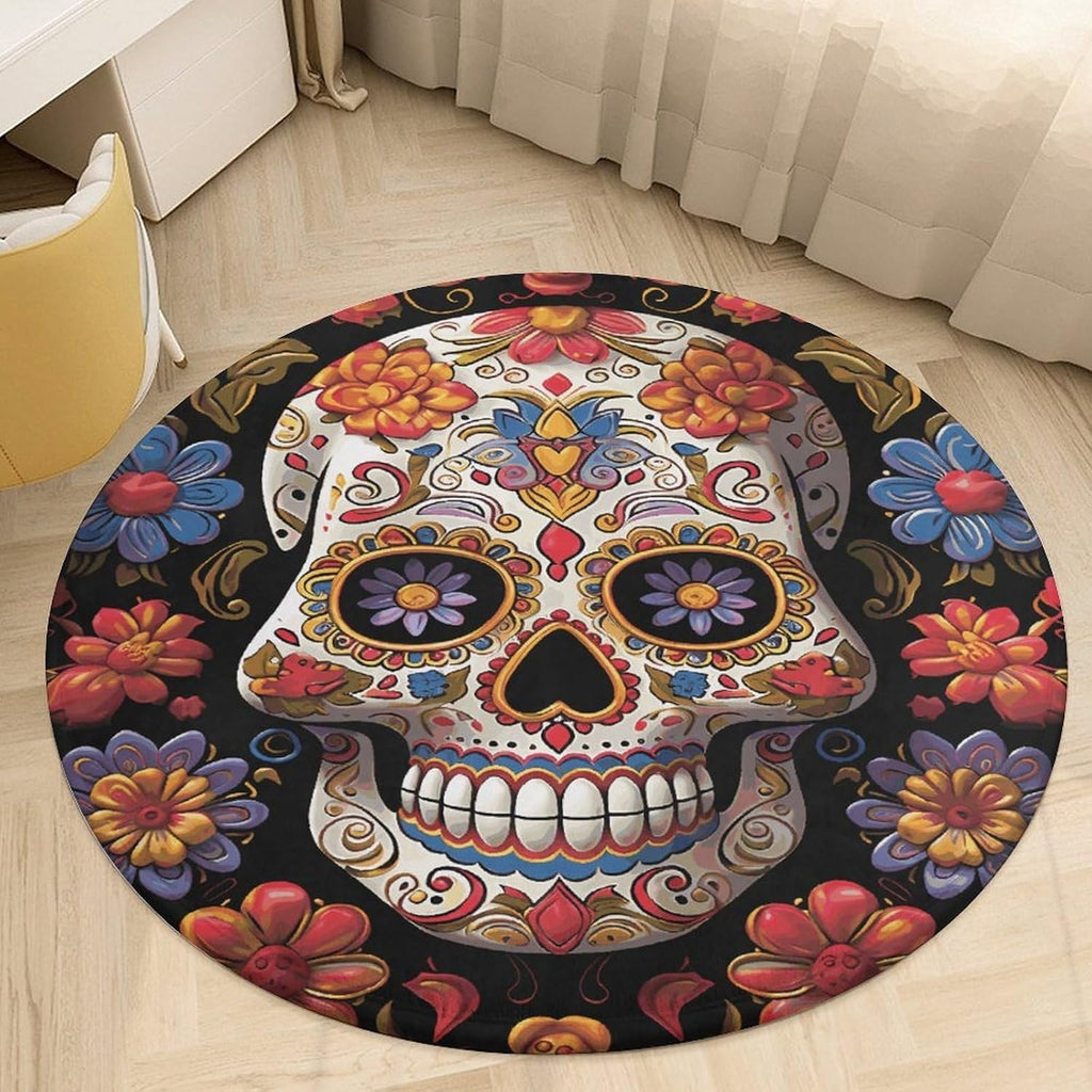 Sugar Skulls Coral Velvet Round Floor Mat Non-Slip Bath Rug Floor Covering for Bathroom Vanity Guest Suite & Vacation Home