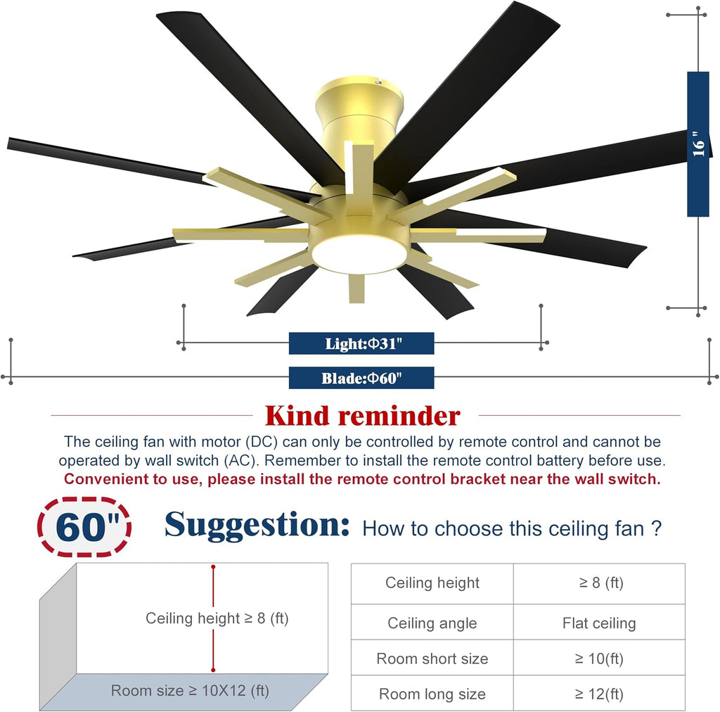 60 inch Black Ceiling Fans with Lights and Remote, Flush Mount Ceiling Fan for Living Room Bedoom，6 Speed Reversible，8 Blades and 9 Lights，3 CCT，Black Gold